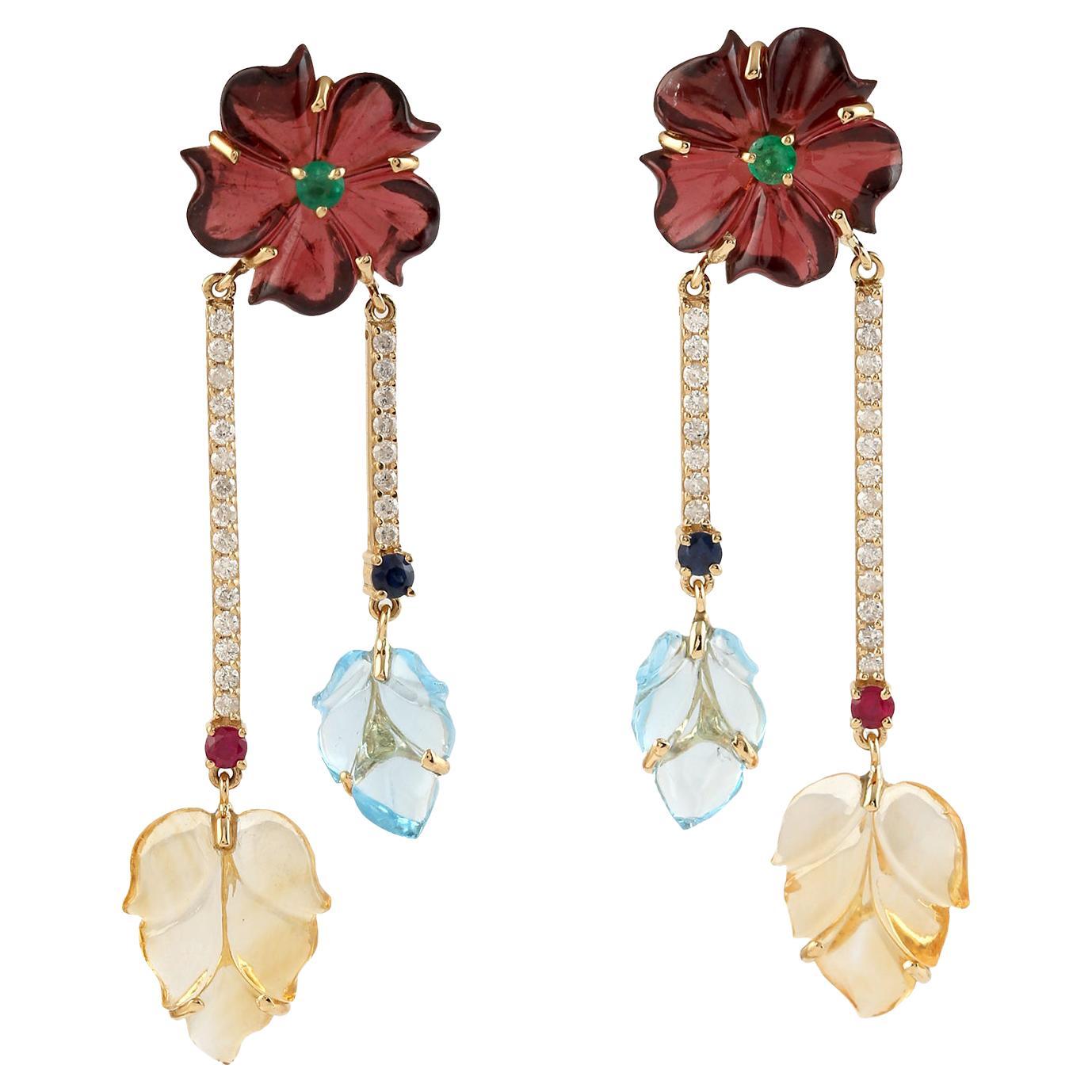 18.8 Carats Carved Multi Gemstone 14 Karat Gold Flower Diamond Linear Earrings For Sale