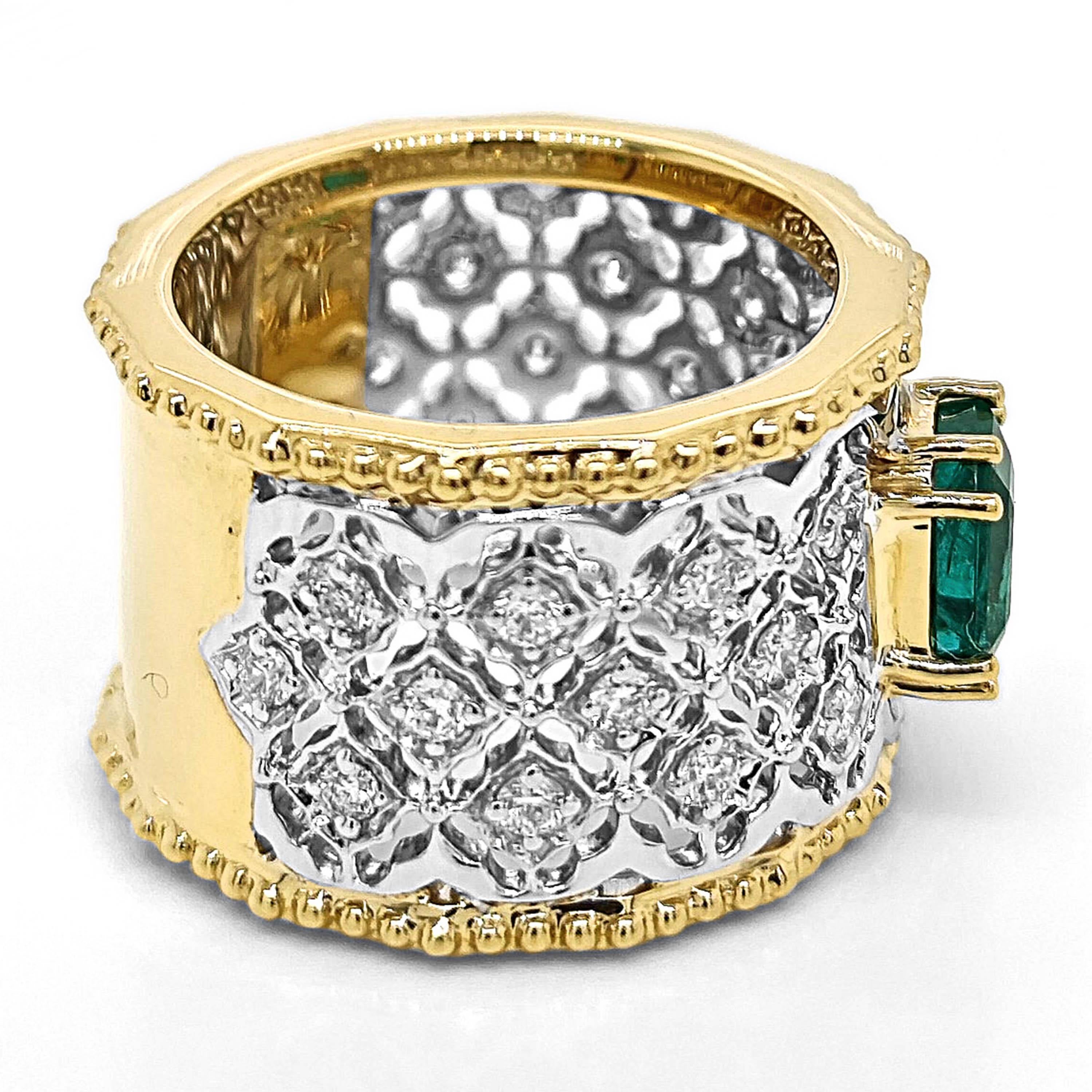 1 pierre émeraude : 1,32 carats
24 diamants blancs ronds : 0.56 Carats
Métal : Or jaune et blanc 18K, 14.70 Grammes
