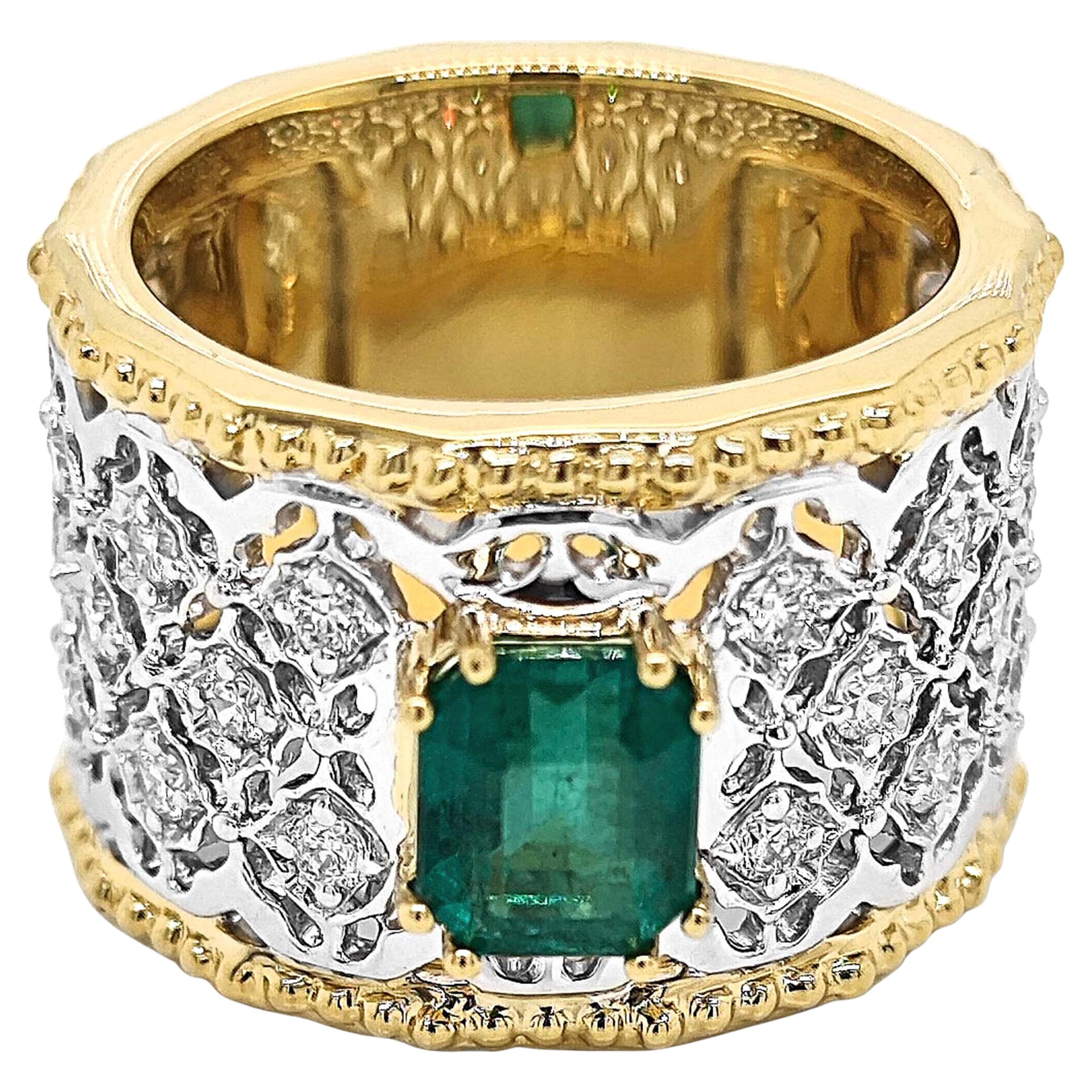 1.88 Carats Emerald and Diamond Yellow and White Gold Band Ring