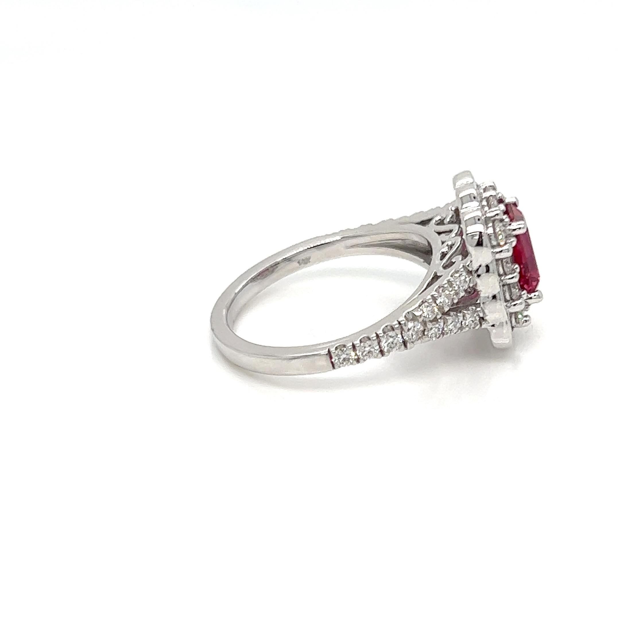 1.88 Carats Emerald Cut Ruby Diamond Halo Engagement Ring In New Condition For Sale In New York, NY