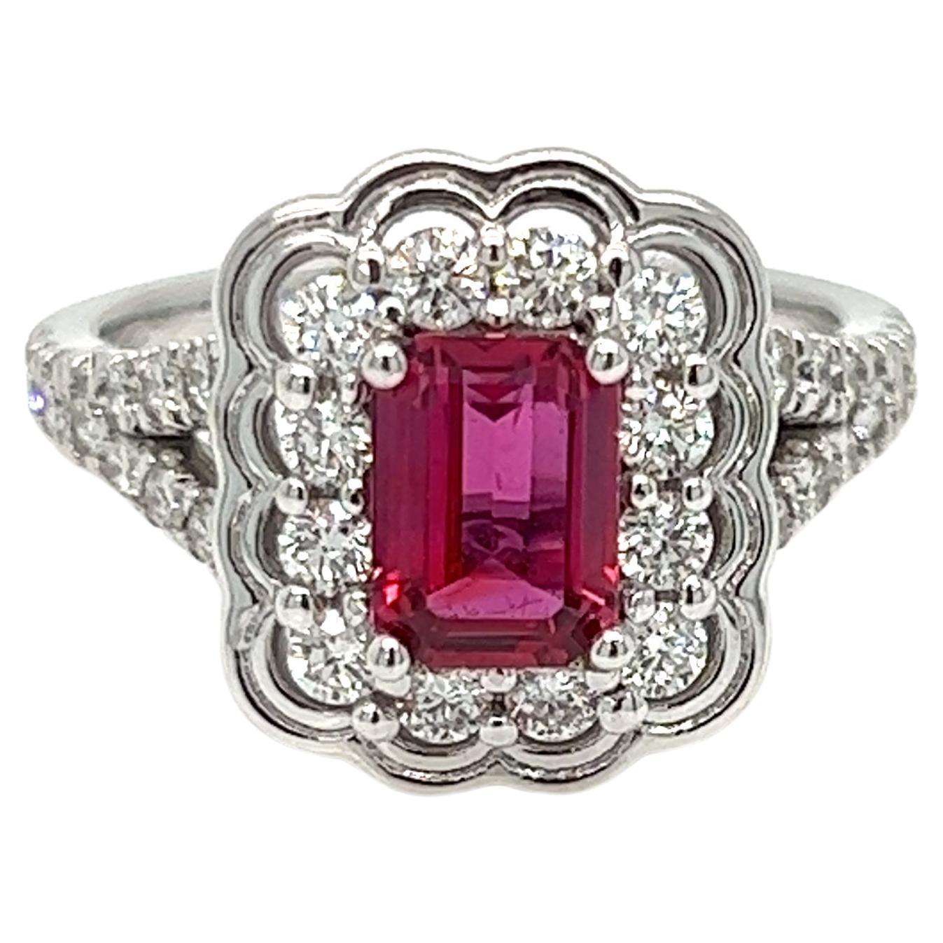 1.88 Carats Emerald Cut Ruby Diamond Halo Engagement Ring For Sale