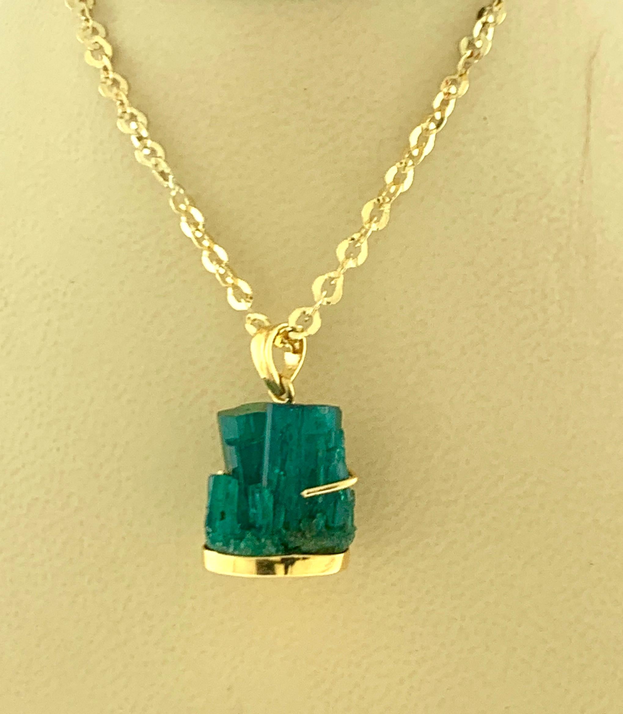 Rough Cut 18.8 Carat Colombian Emerald Rough Pendent/Necklace 18 Karat Gold with Chain