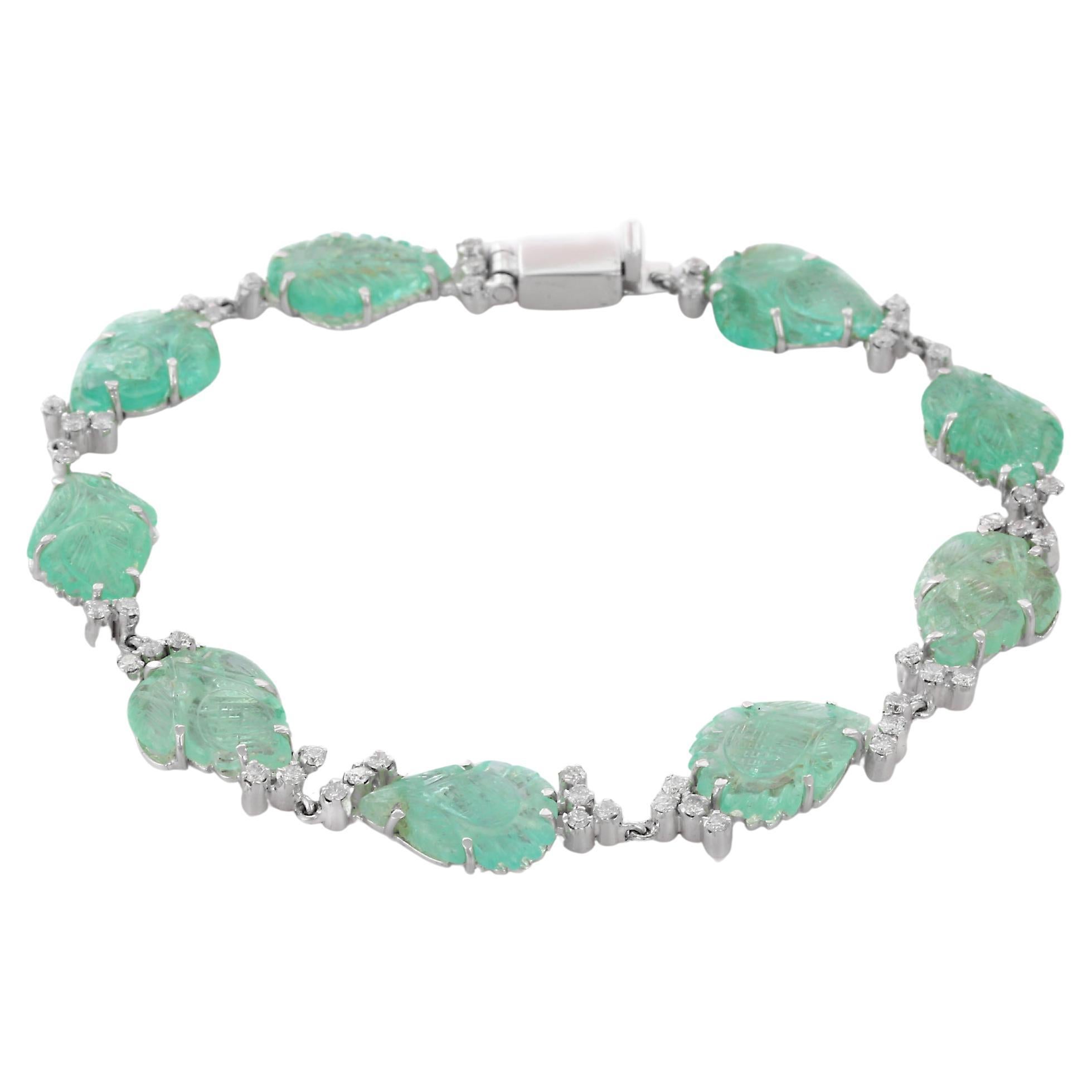18.8 Ct Unique Carved Raw Emerald Bracelet in 18K White Gold with Diamonds