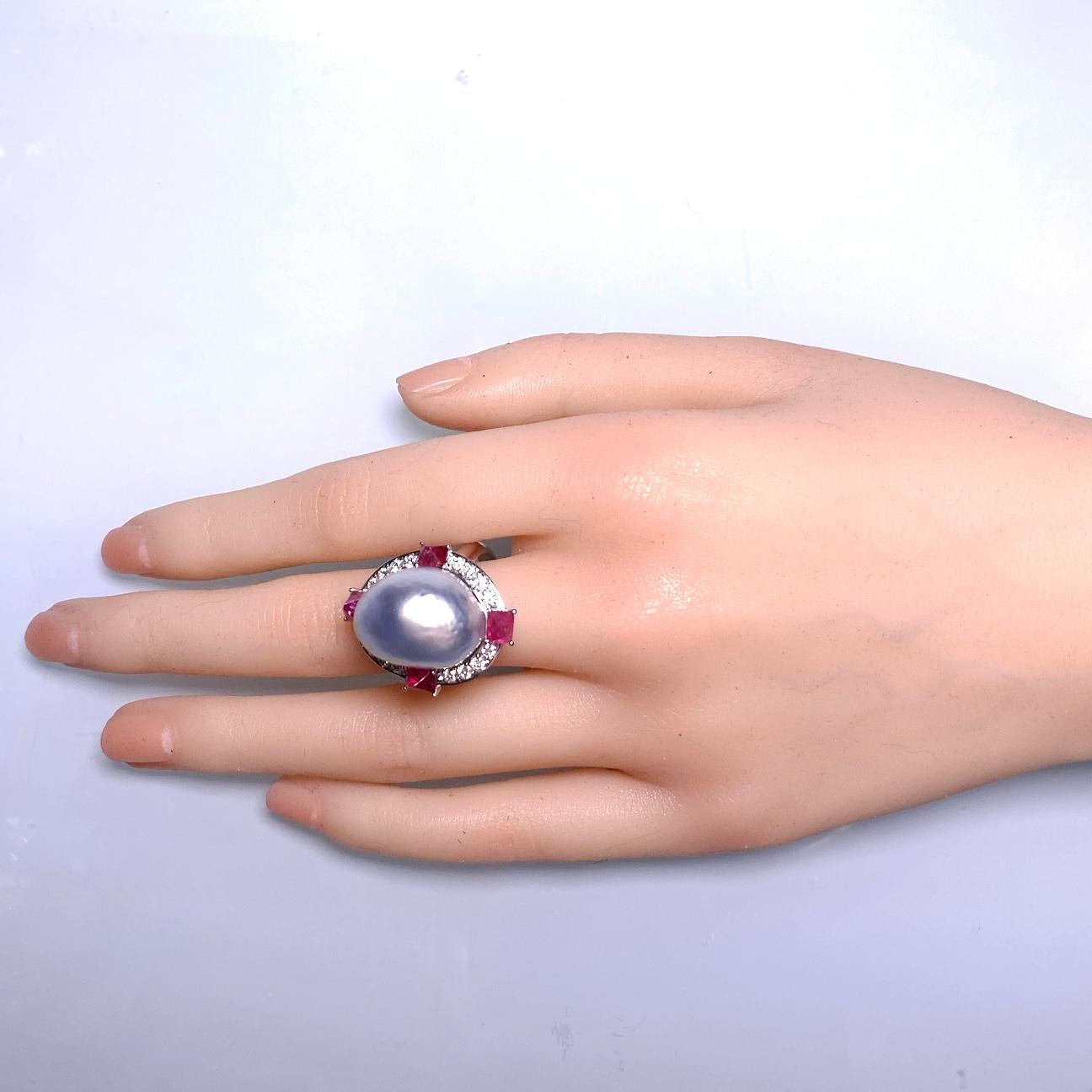 Contemporary Eostre Baroque South Sea Pearl, Red Spinel and Diamond Ring in 18K White Gold For Sale