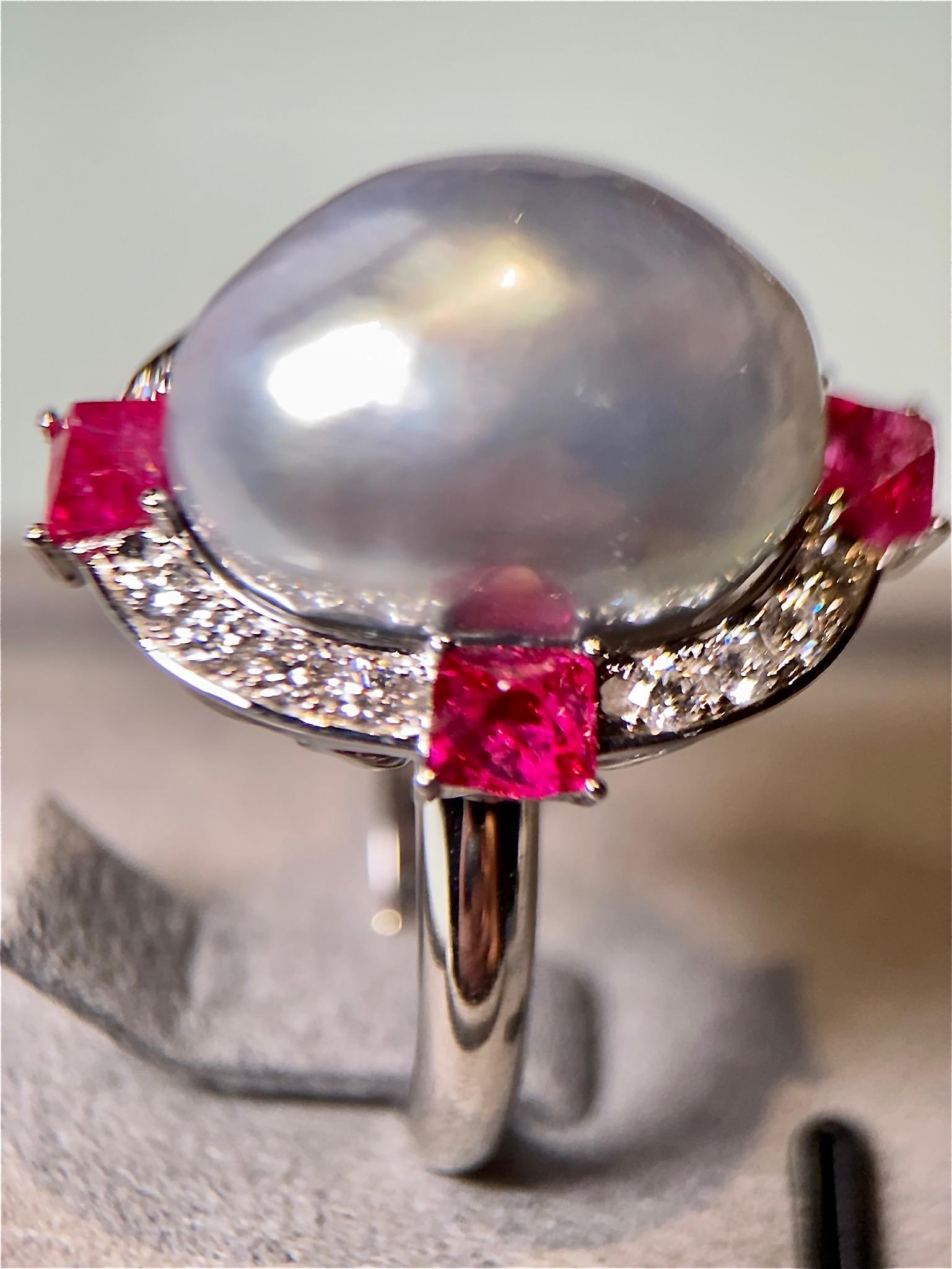 Eostre Baroque South Sea Pearl, Red Spinel and Diamond Ring in 18K White Gold  In New Condition For Sale In Melbourne, AU