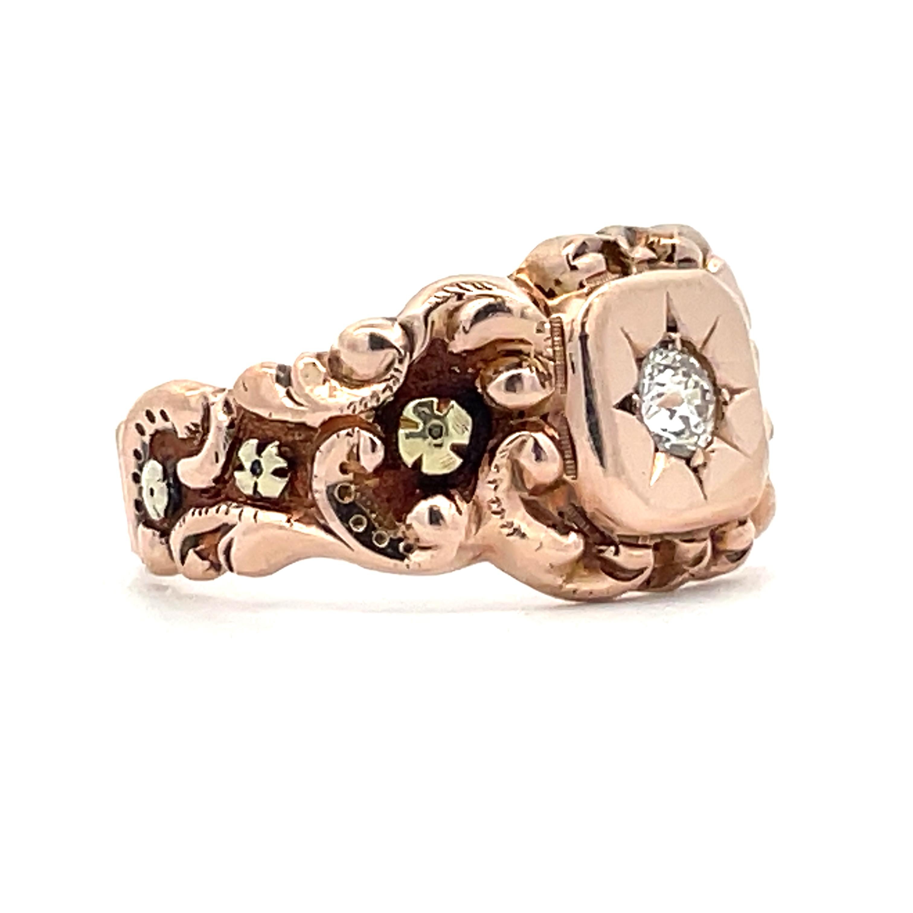 Round Cut 1880 14K Rose Gold Victorian Ring & Applied Green Gold Florets with Euro Cut DIA For Sale