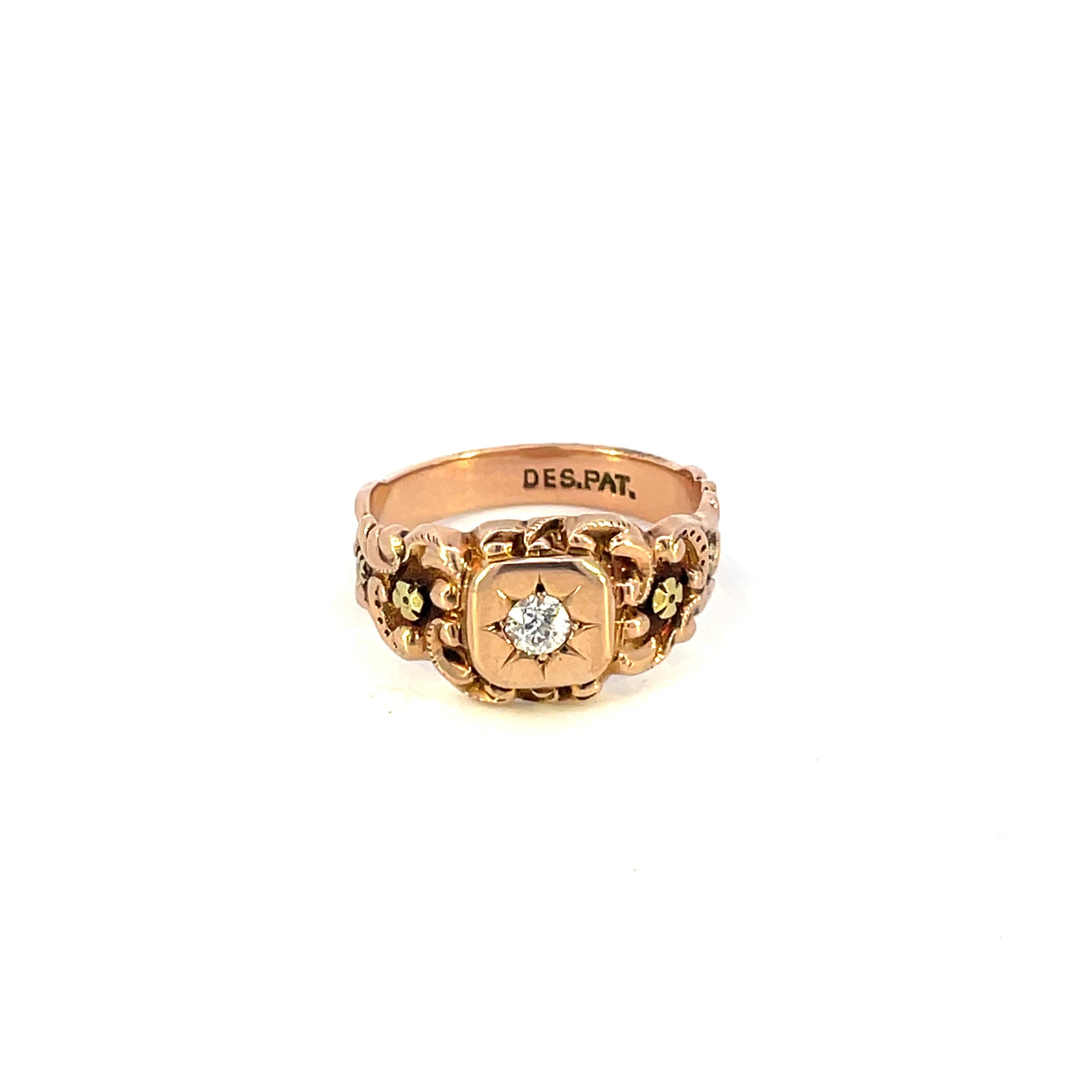 Women's 1880 14K Rose Gold Victorian Ring & Applied Green Gold Florets with Euro Cut DIA For Sale