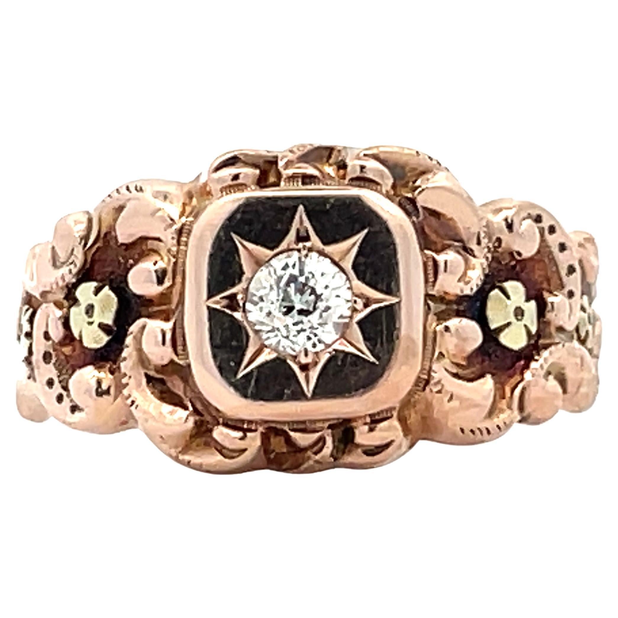 1880 14K Rose Gold Victorian Ring & Applied Green Gold Florets with Euro Cut DIA For Sale