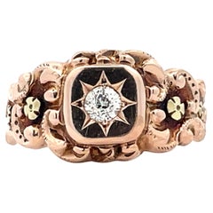 Antique 1880 14K Rose Gold Victorian Ring & Applied Green Gold Florets with Euro Cut DIA