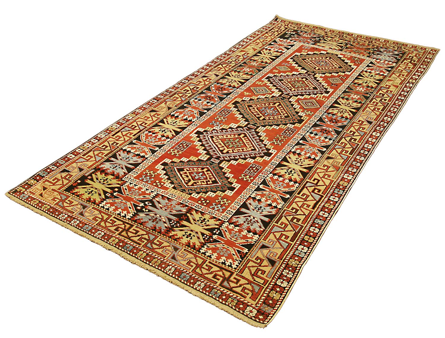 Hand-Knotted 1880-1900 Fine Antique Caucasian Shirvan Rust&Blue Wool Rug For Sale
