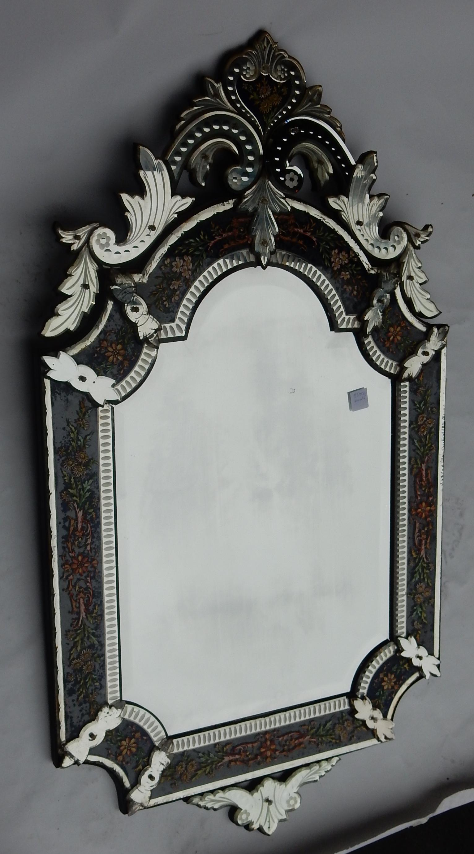 1880-1900 Venetian Mirror N3 with Pediment, Blue Glass Adorned with Flowers For Sale 6
