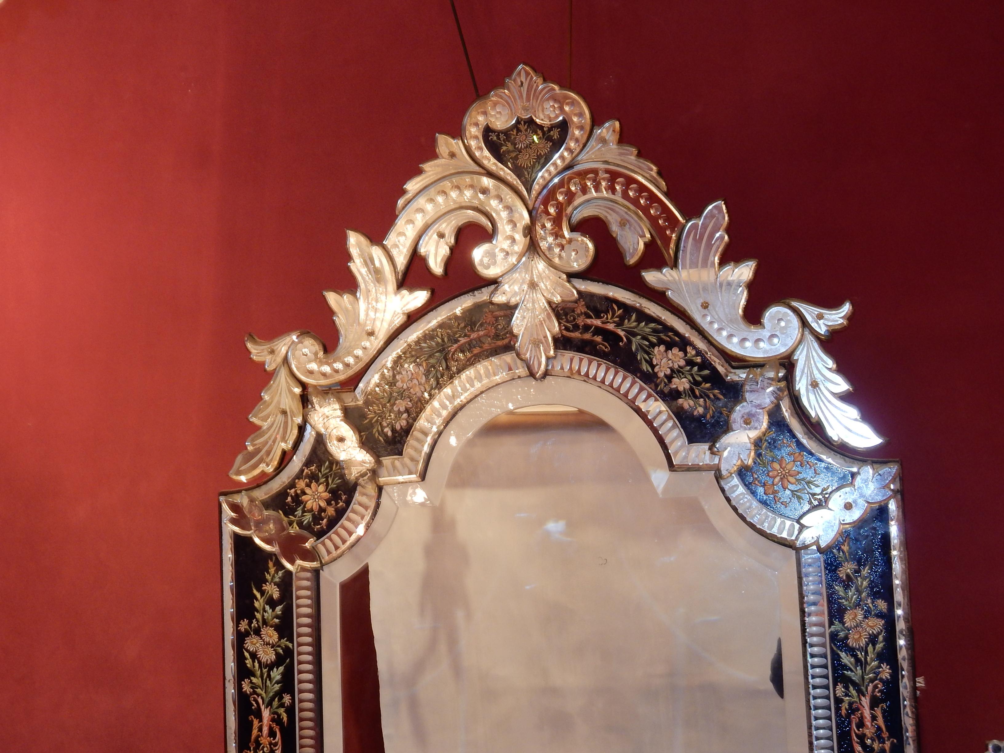 Napoleon III 1880-1900 Venetian Mirror N3 with Pediment, Blue Glass Adorned with Flowers For Sale