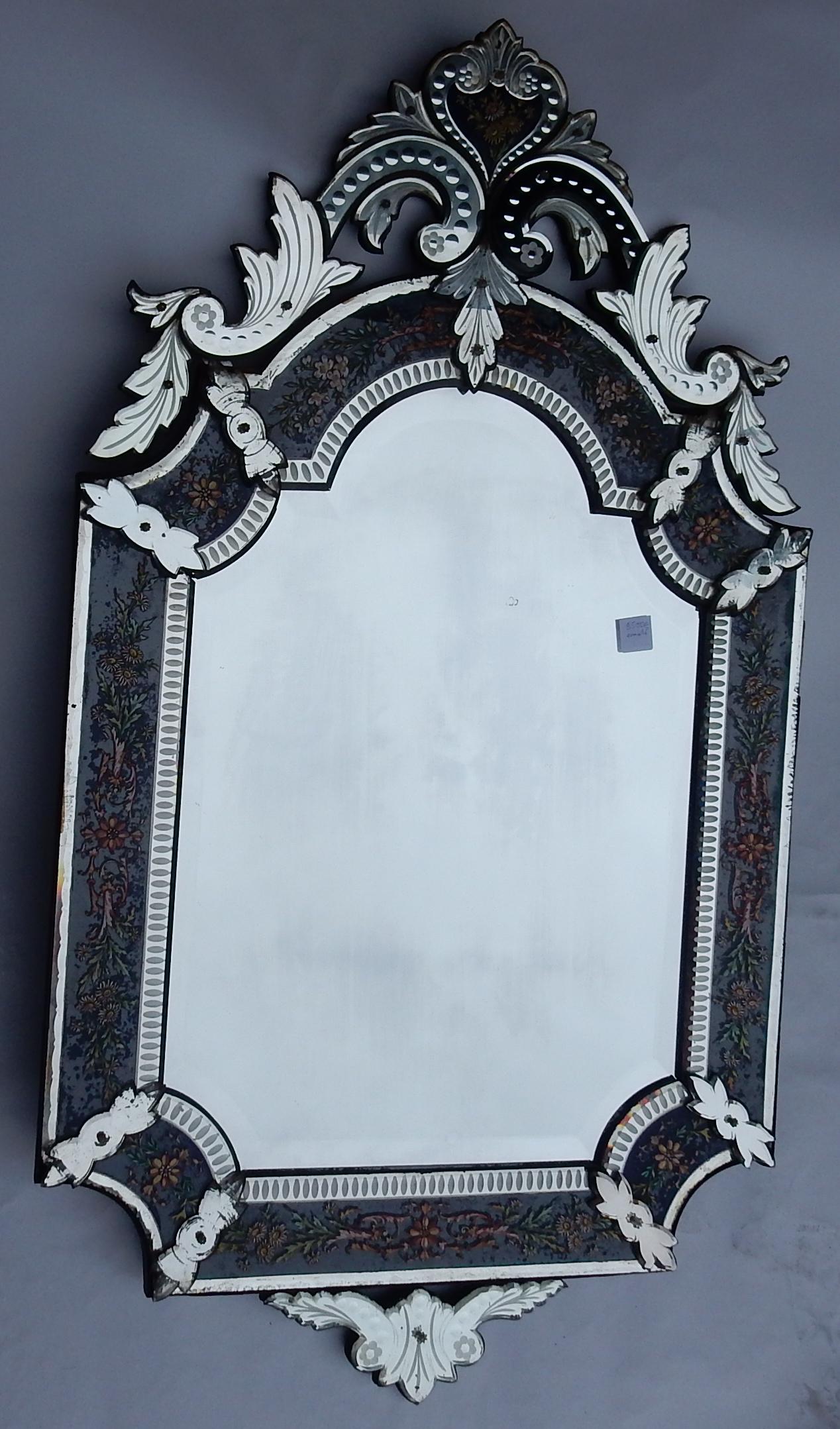 Late 19th Century 1880-1900 Venetian Mirror N3 with Pediment, Blue Glass Adorned with Flowers For Sale