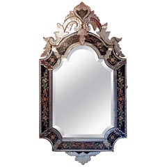 Antique 1880-1900 Venetian Mirror N3 with Pediment, Blue Glass Adorned with Flowers