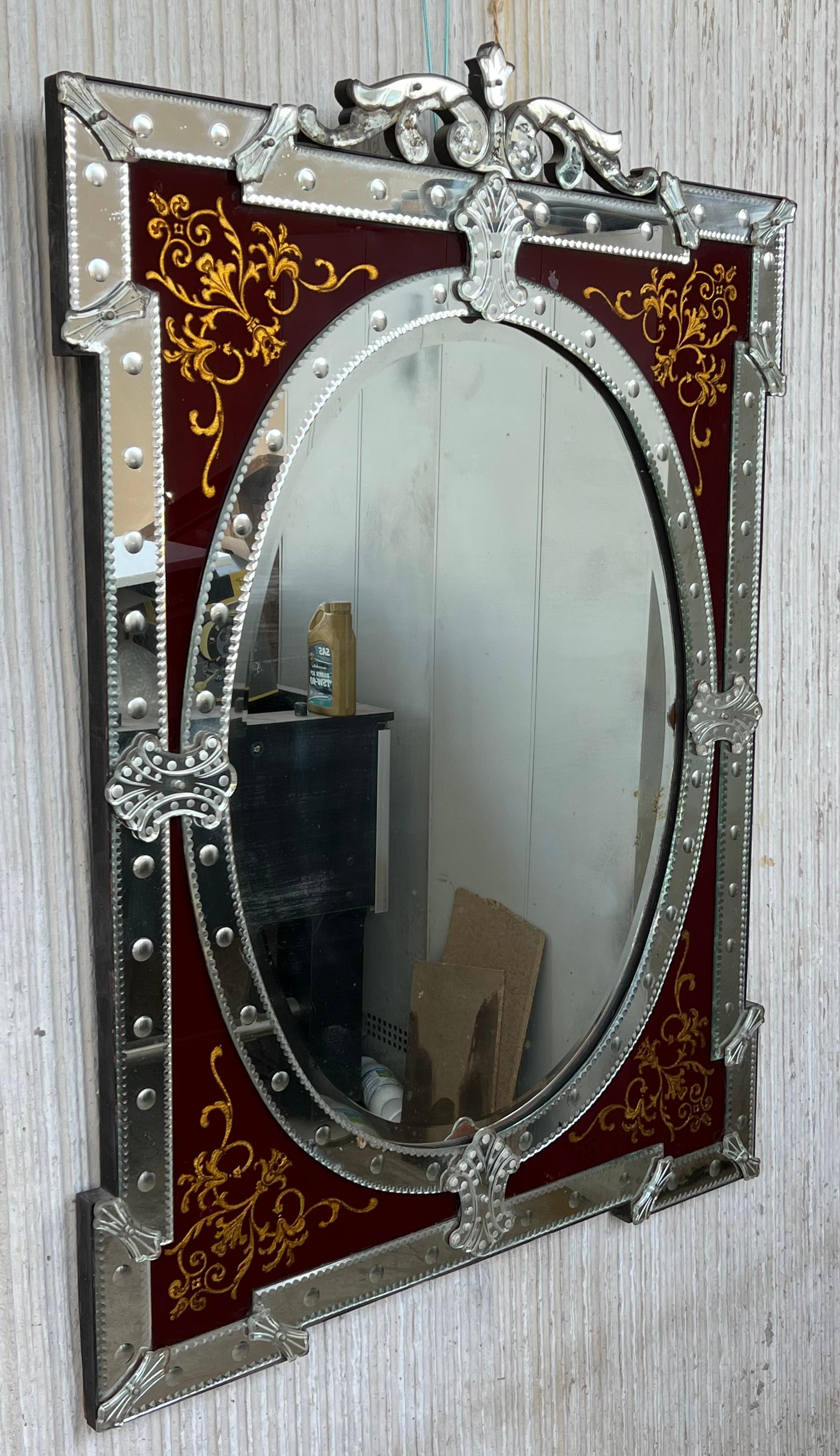 Venice rectangular, mirror silvering emailed with flowers, the centre is bevelled, gilted details in the corners... really impressive.
 