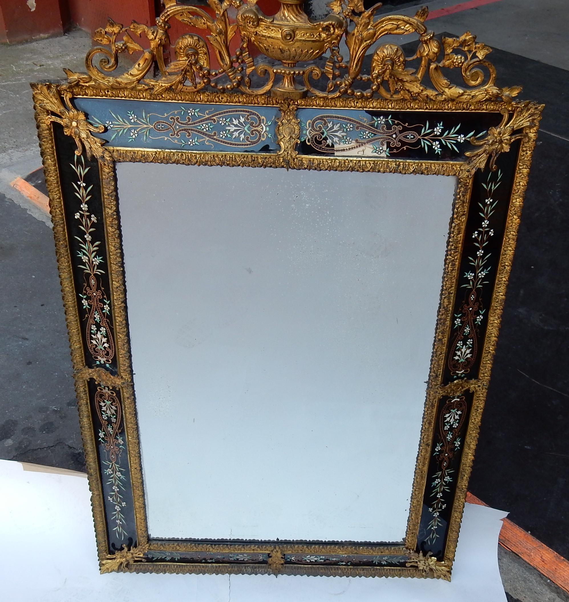1880-1900 Venetian and Gilded Bronze Mirror with Pediment, Black Color Glass 4