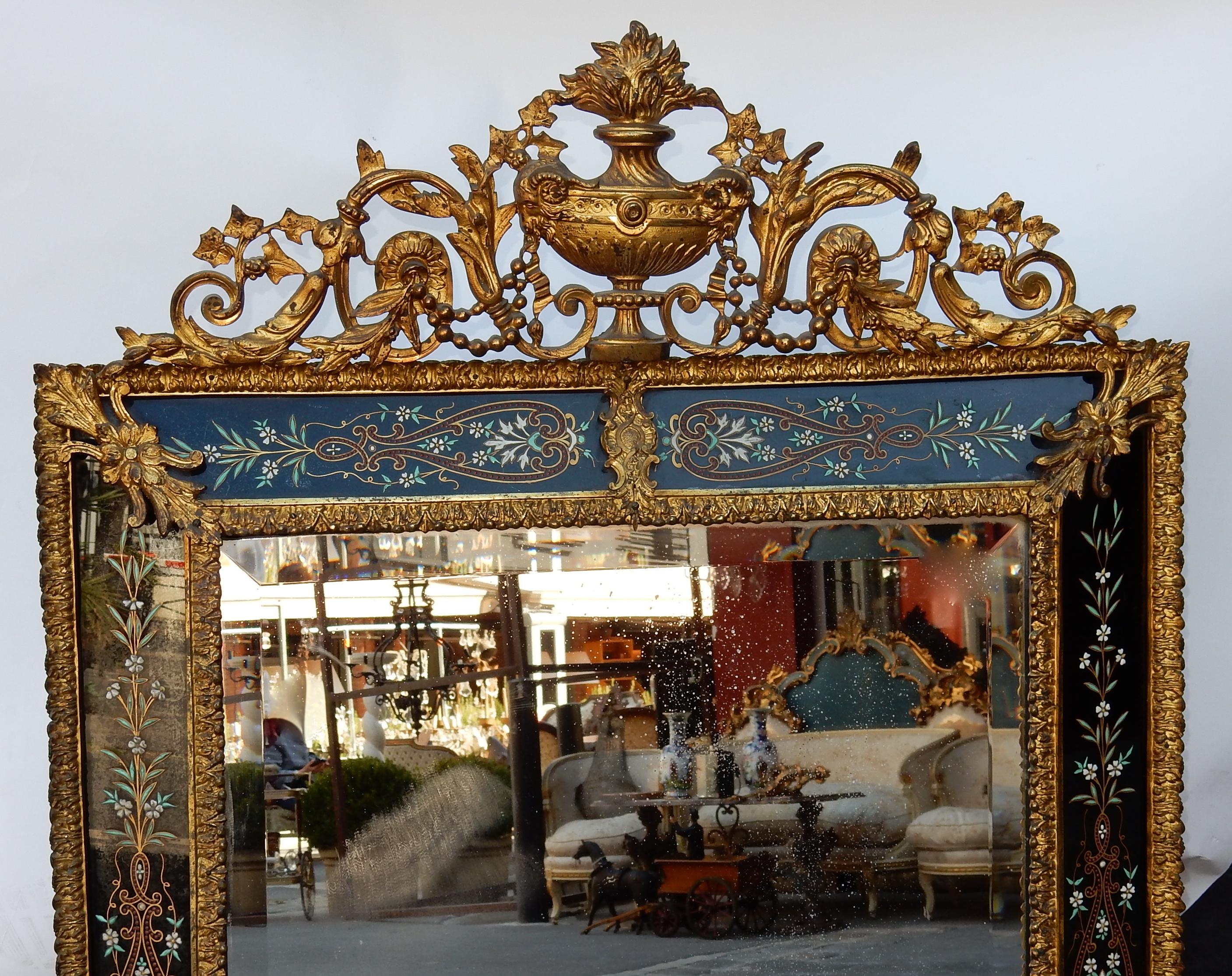 Late 19th Century 1880-1900 Venetian and Gilded Bronze Mirror with Pediment, Black Color Glass