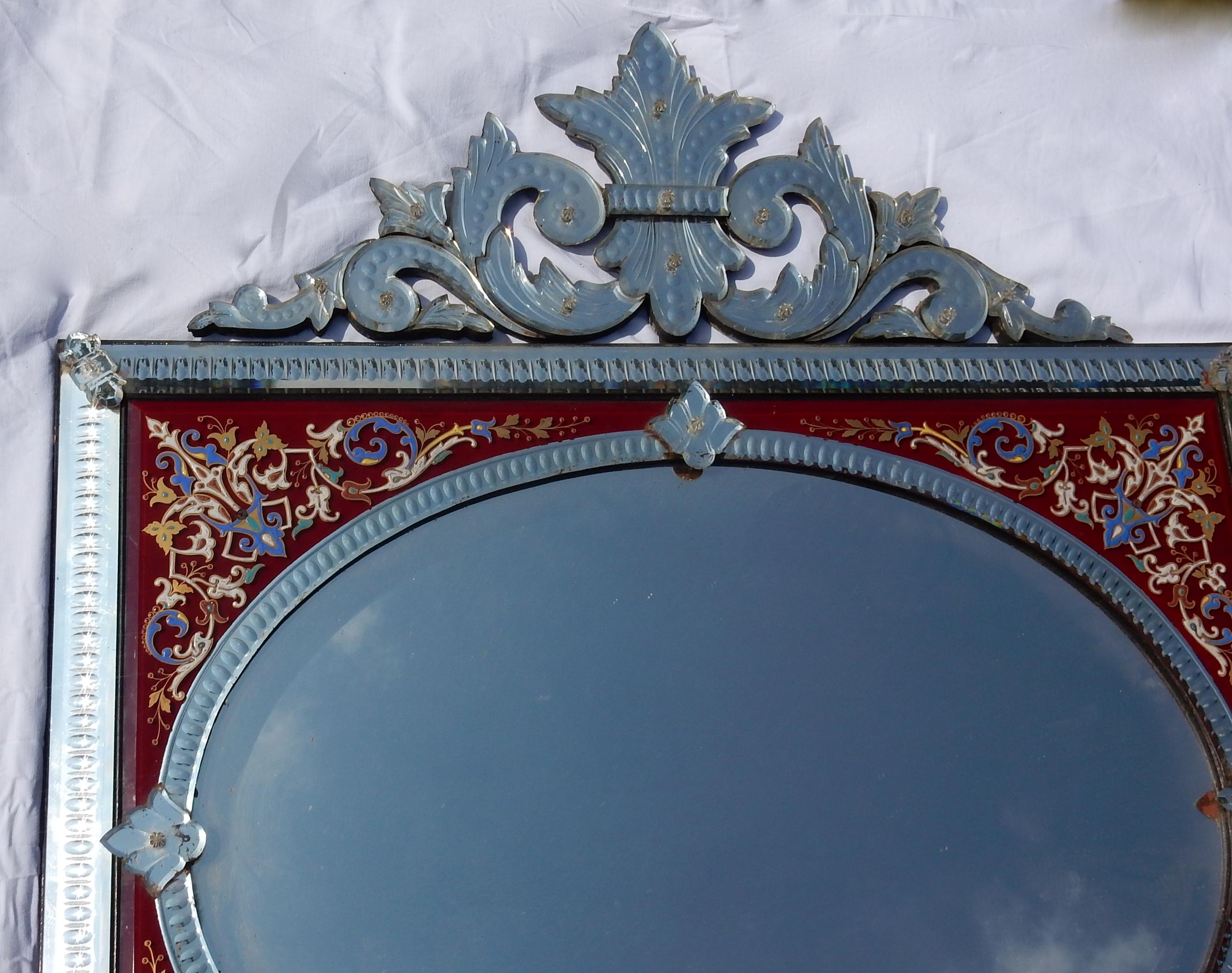 Enameled 1880-1900 Venitian Mirror with Pediment - Red Color Glass Adorned with Flowers  For Sale