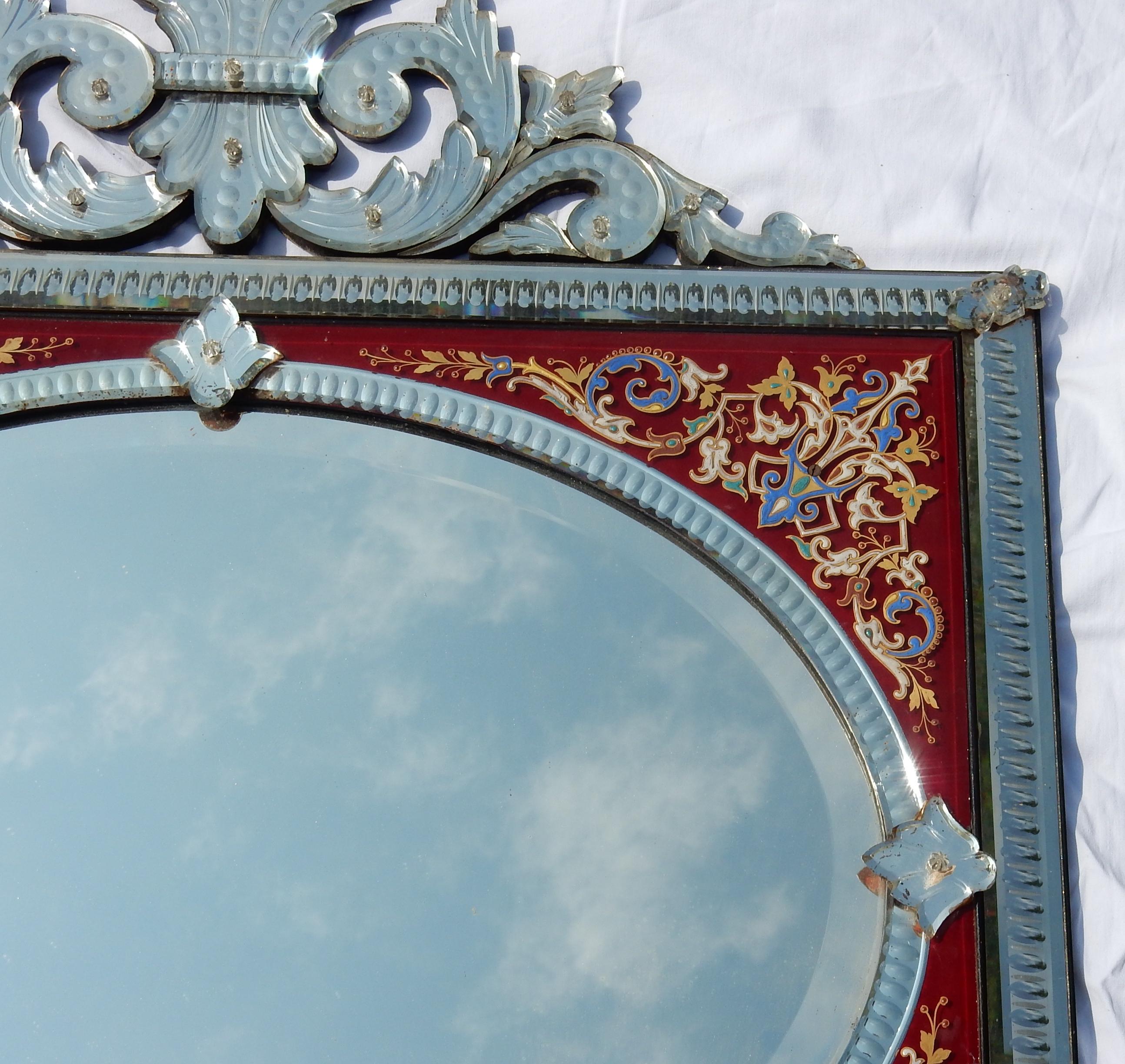 Late 19th Century 1880-1900 Venitian Mirror with Pediment - Red Color Glass Adorned with Flowers  For Sale