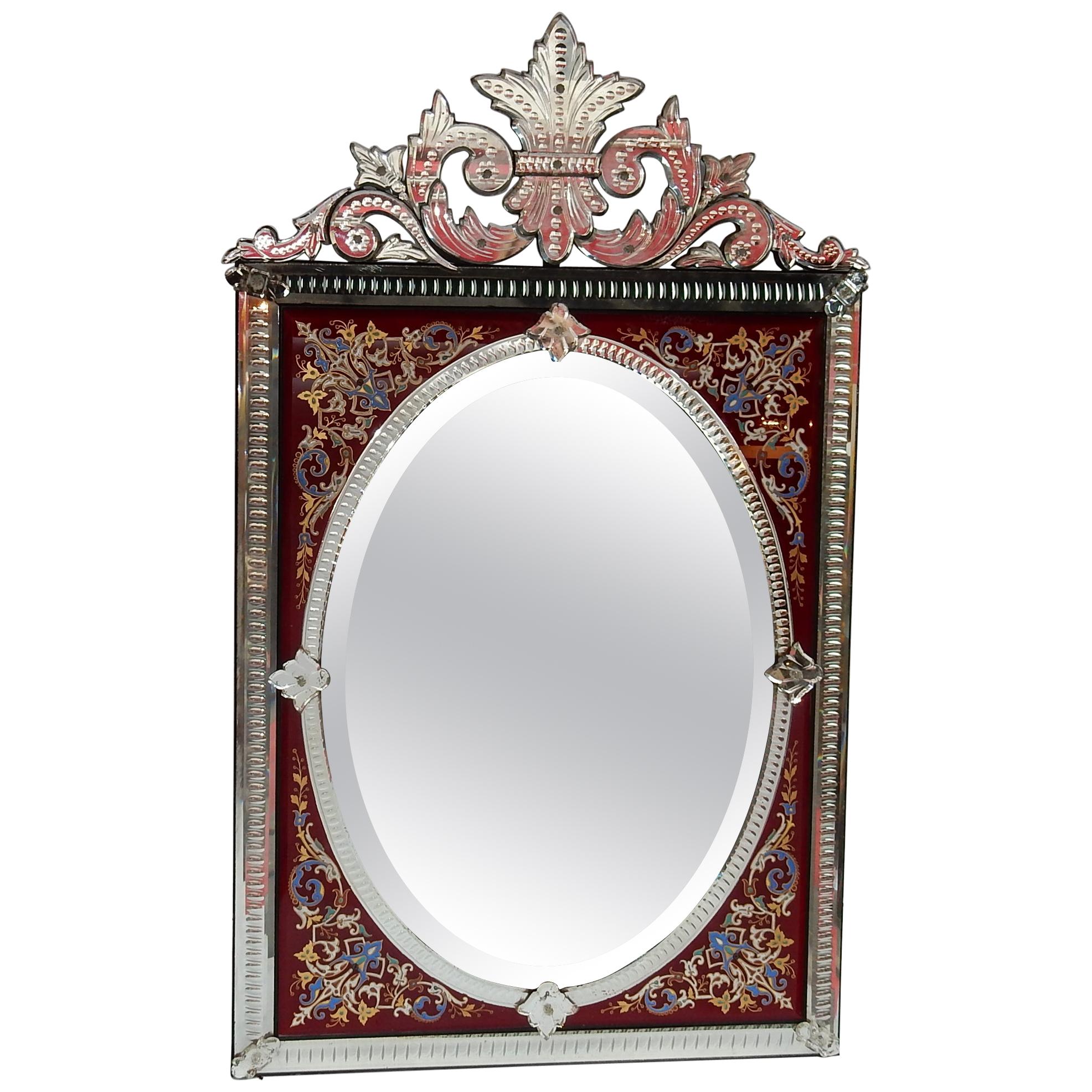 1880-1900 Venitian Mirror with Pediment - Red Color Glass Adorned with Flowers  For Sale