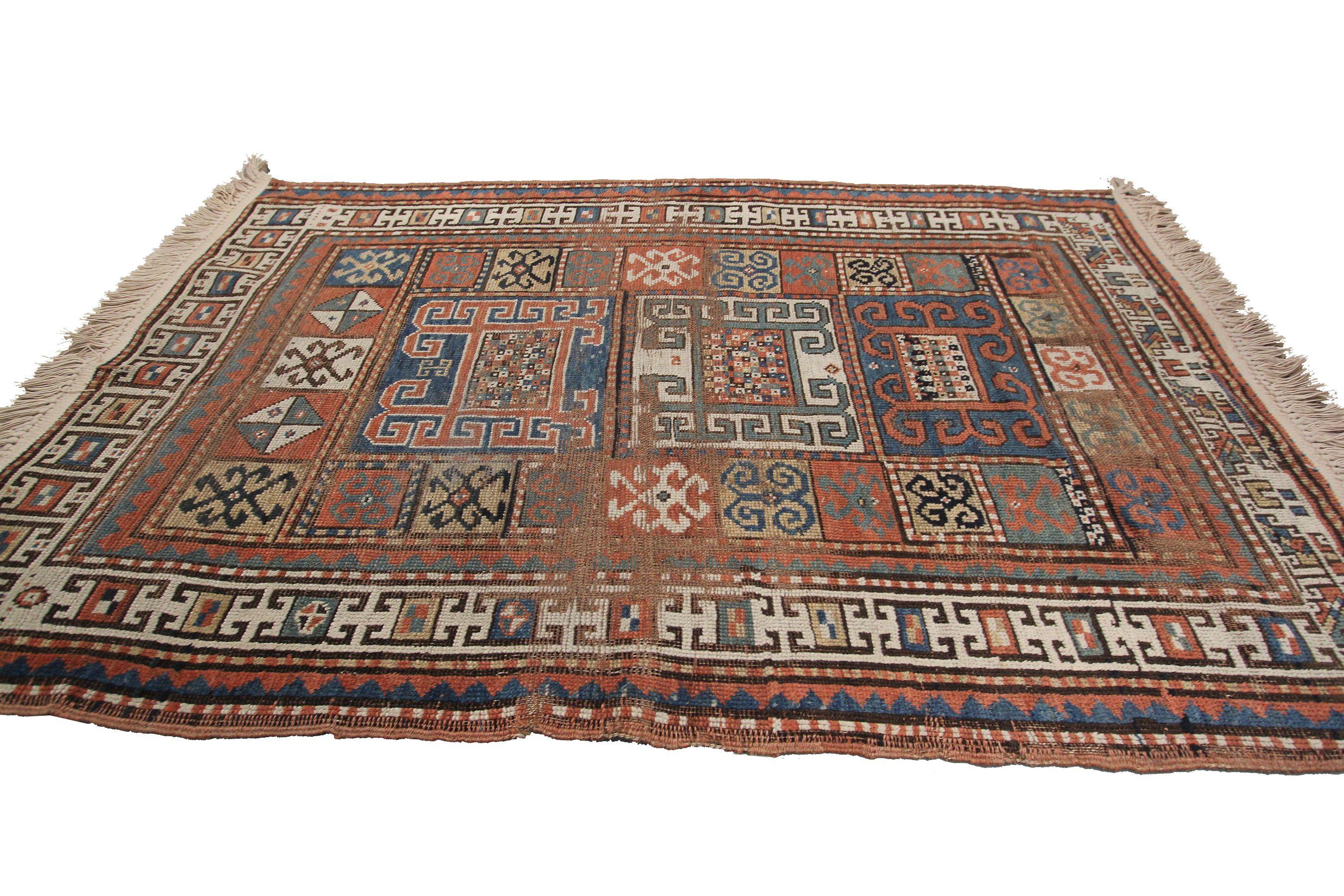 Antike kaukasische Pinwheel Kazak Teppich Seltene Wolle Stammes
4 x6 (3'7