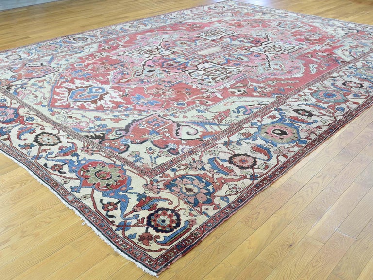 1880 Antique Hand Knotted Persian Serapi Rug Red/Ivory For Sale at 1stDibs