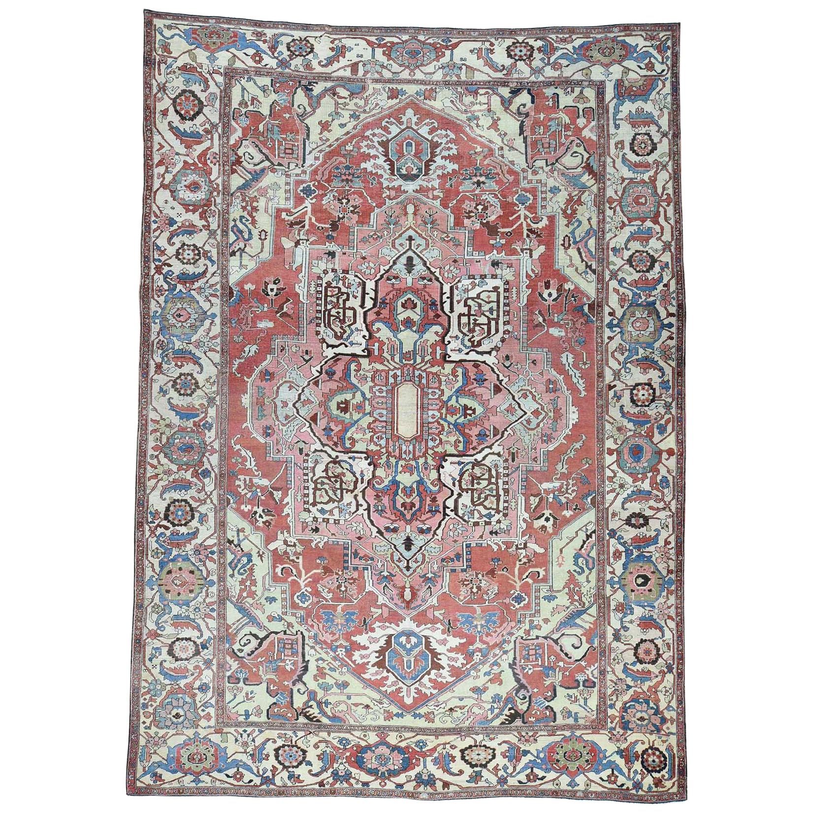 1880 Antique Hand Knotted Persian Serapi Rug Red/Ivory For Sale