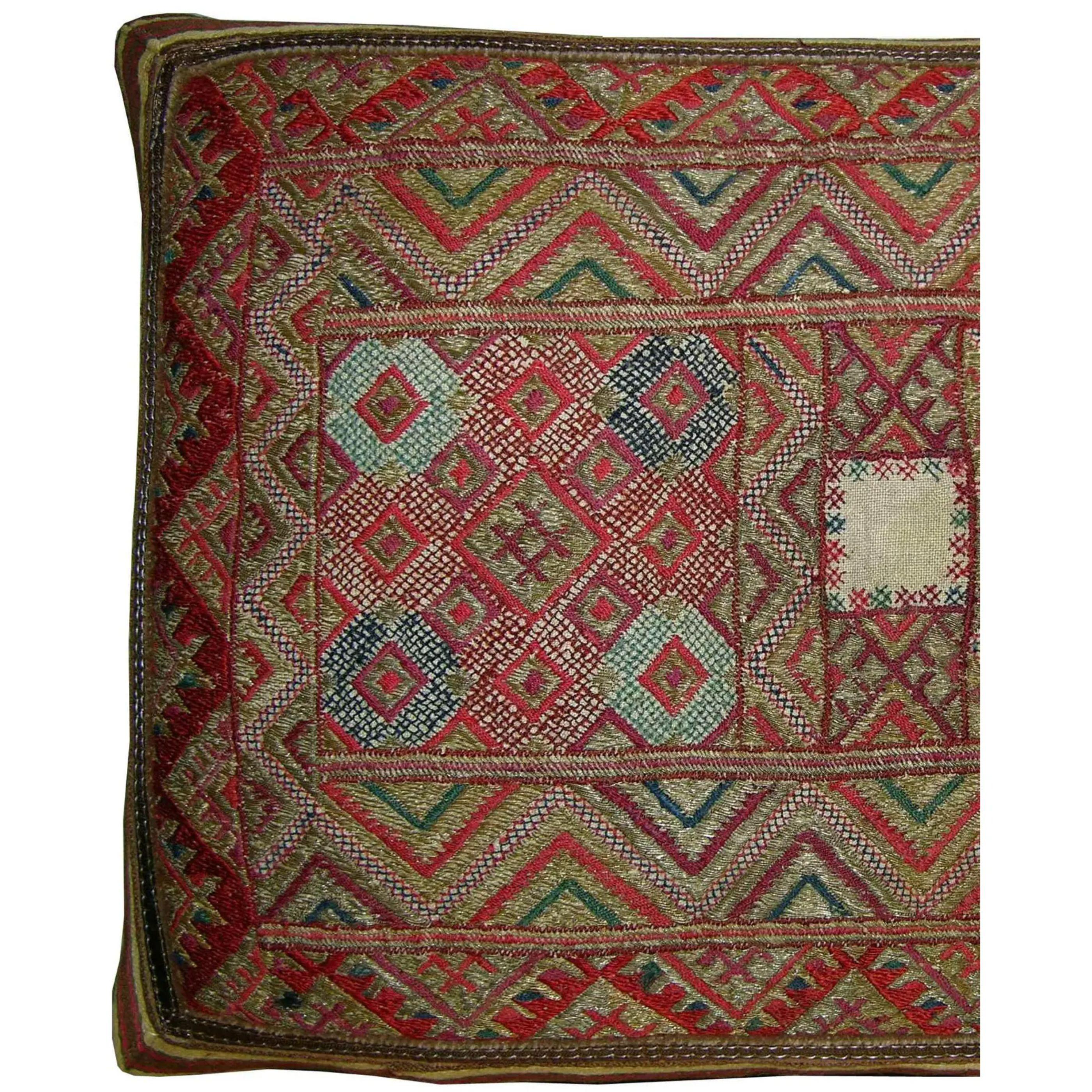 Uzbek 1880 Antique Metallic Silk Soumak Uzbak Pillow For Sale
