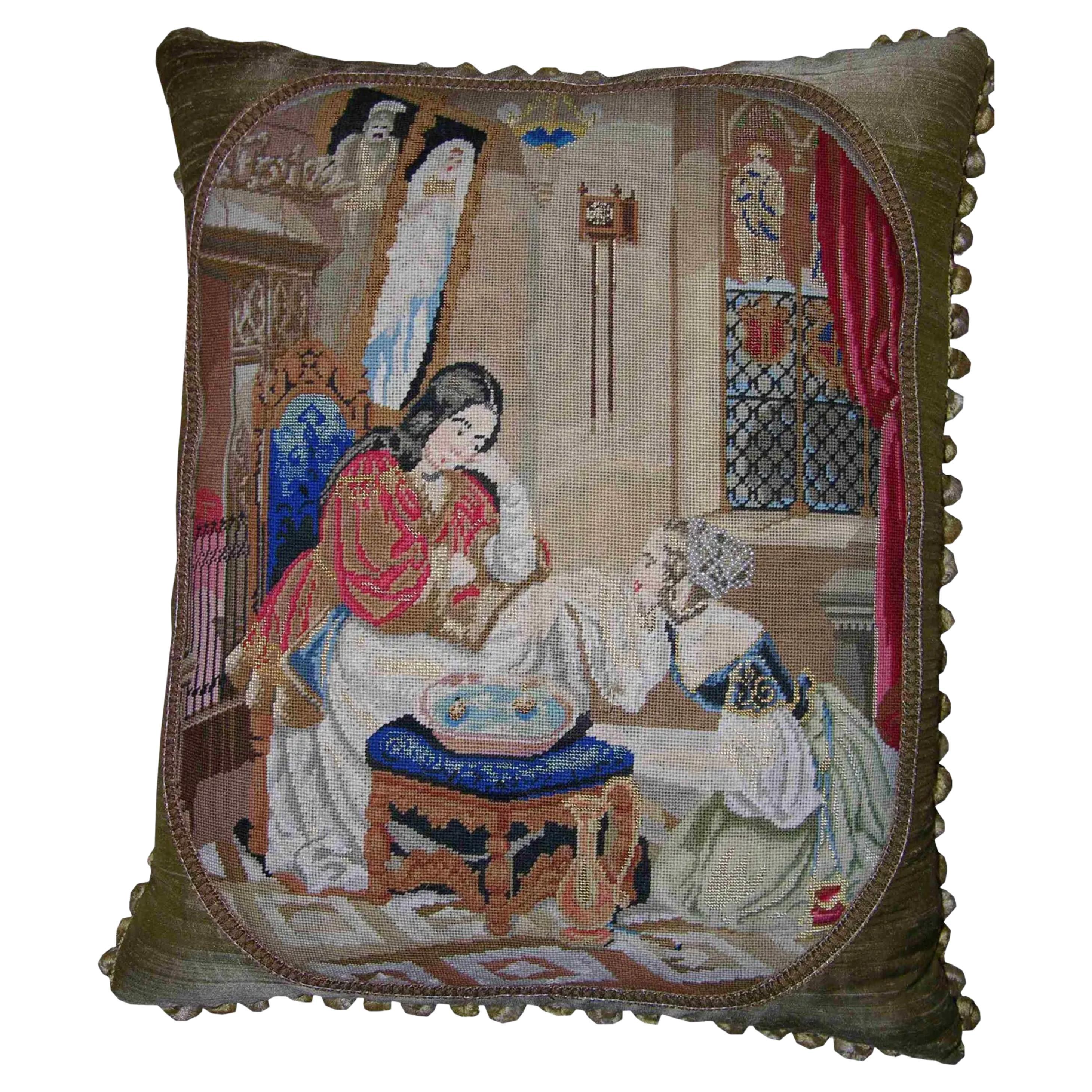 1880 Antique Needlepoint Tapestry Pillow - 21'' X 18'' For Sale