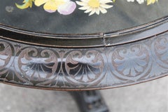 1880 Black Round Victorian Table Coffee with Top in Fabric Embroidered Oriental