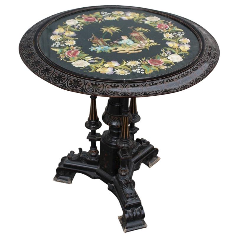 1880 Black Round Victorian Table Coffee with Top in Fabric Embroidered Oriental