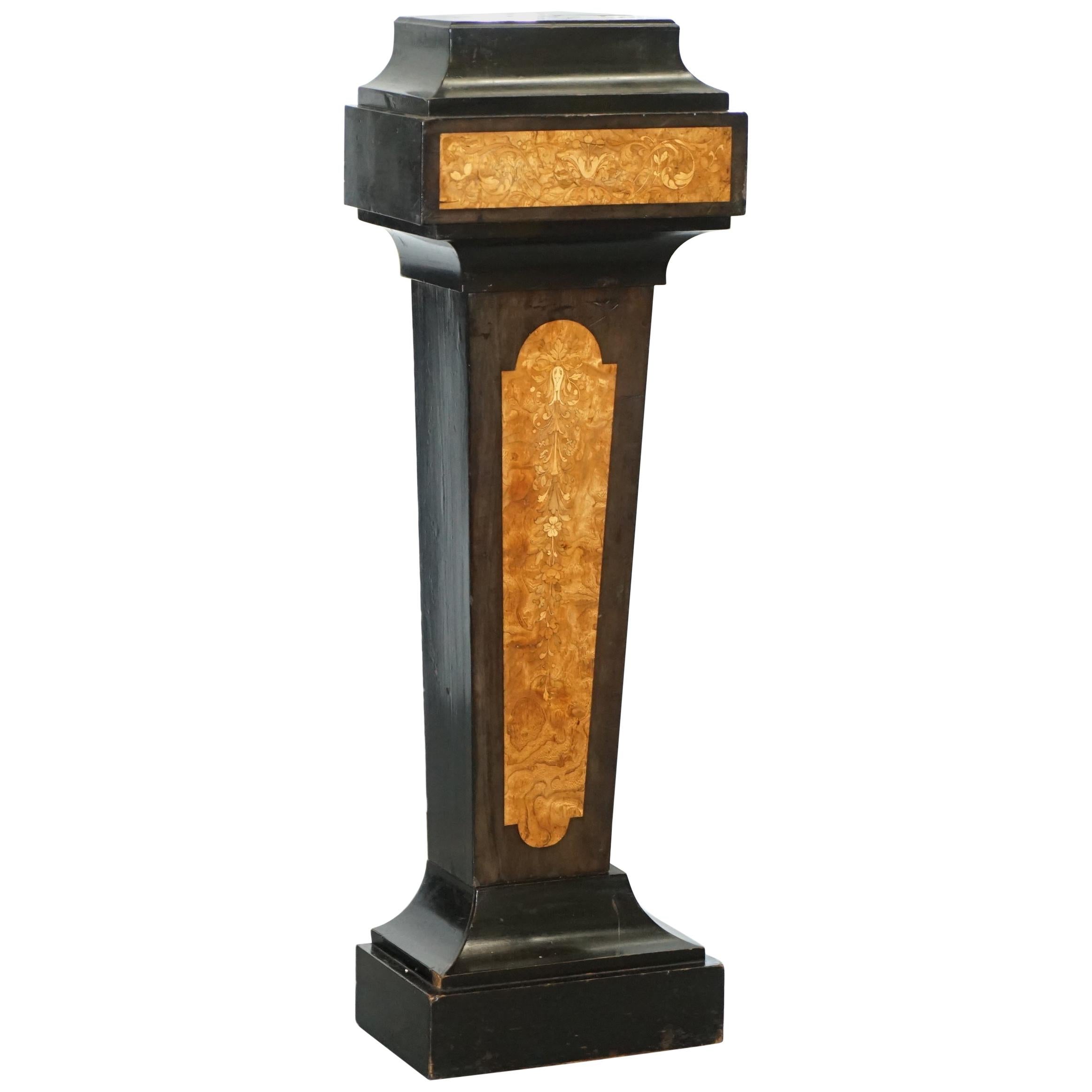 1880 Burr Walnut Marquetry Inlaid Pedestal Marble Bronze Bust Jardinière Stand