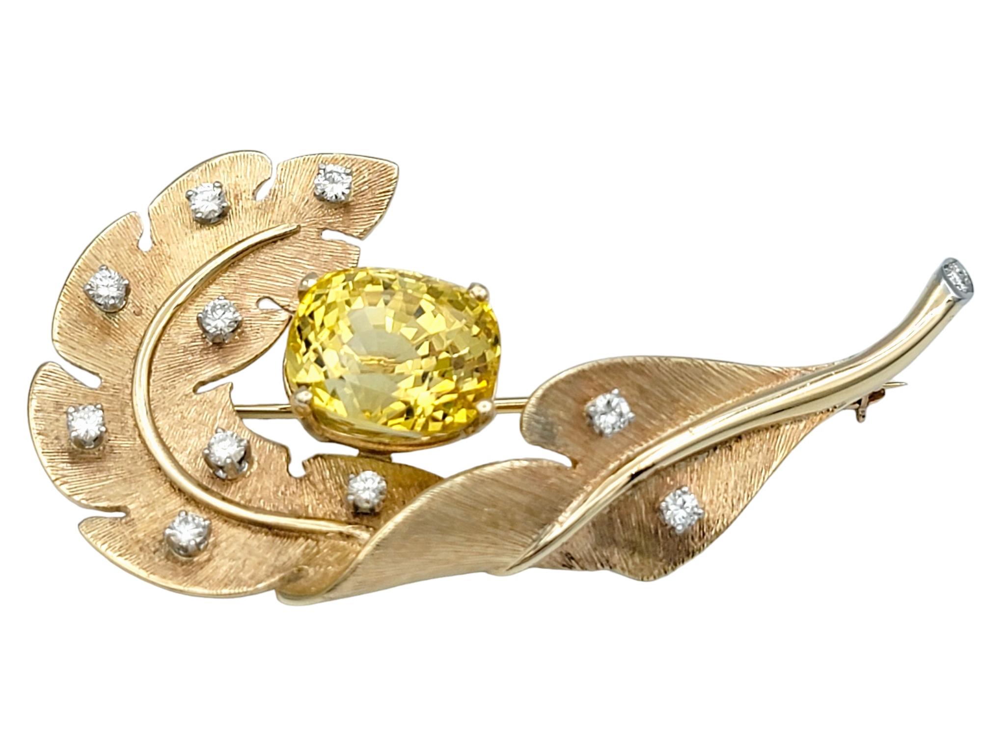 Contemporary 18.80 Carat Yellow Sapphire Feather Brooch with Diamonds in 14 Karat Rose Gold For Sale
