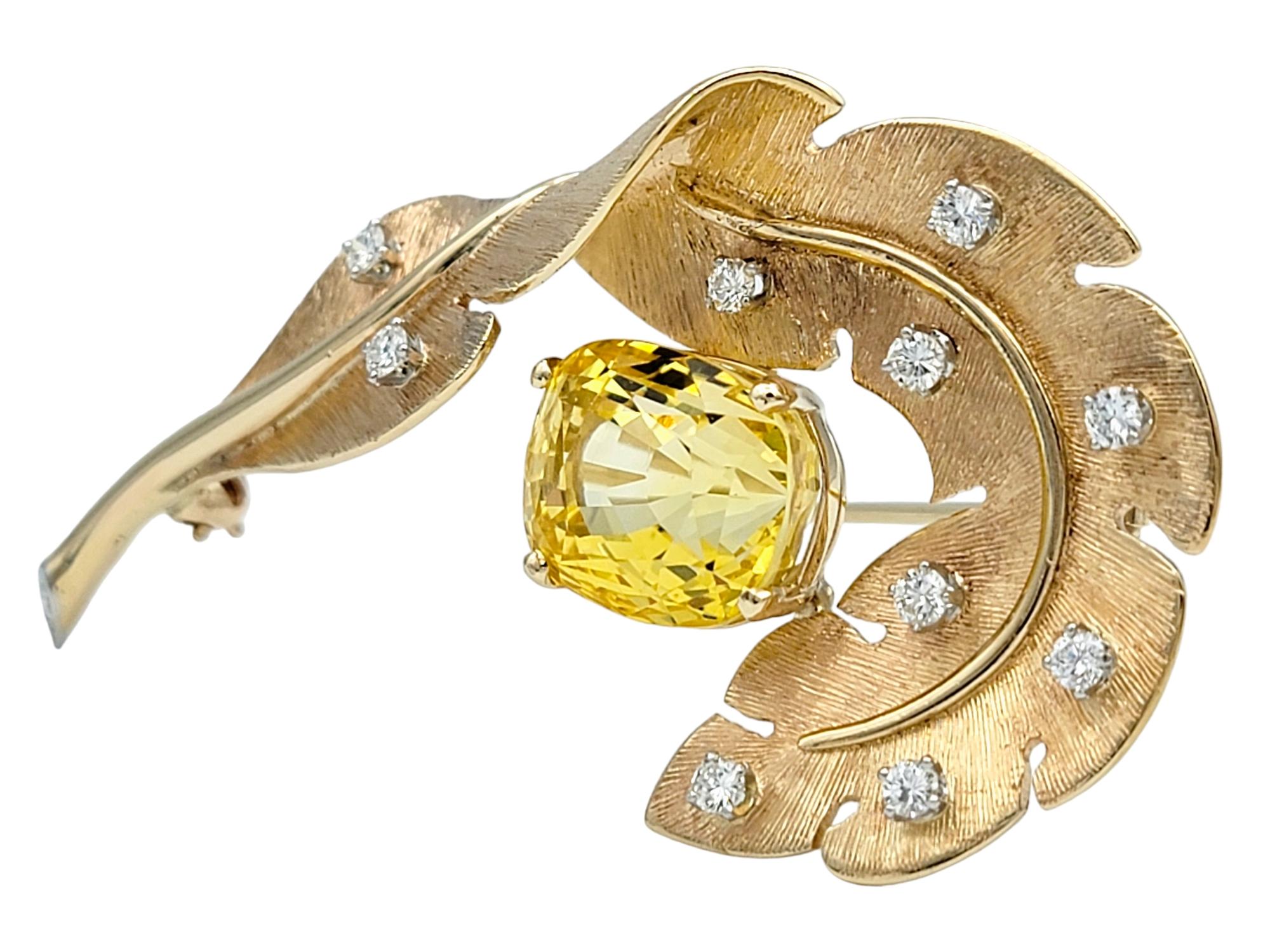 Cushion Cut 18.80 Carat Yellow Sapphire Feather Brooch with Diamonds in 14 Karat Rose Gold For Sale