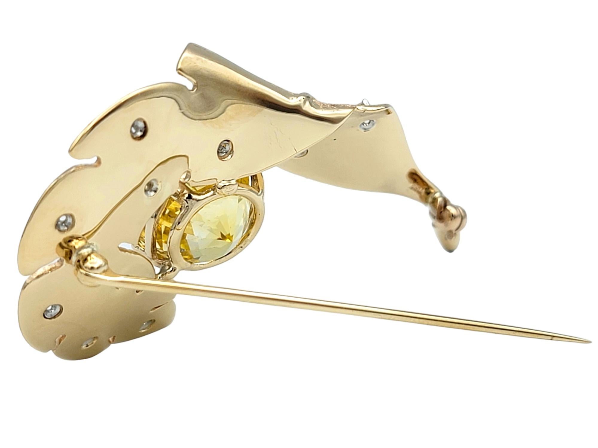 18.80 Carat Yellow Sapphire Feather Brooch with Diamonds in 14 Karat Rose Gold In Good Condition For Sale In Scottsdale, AZ