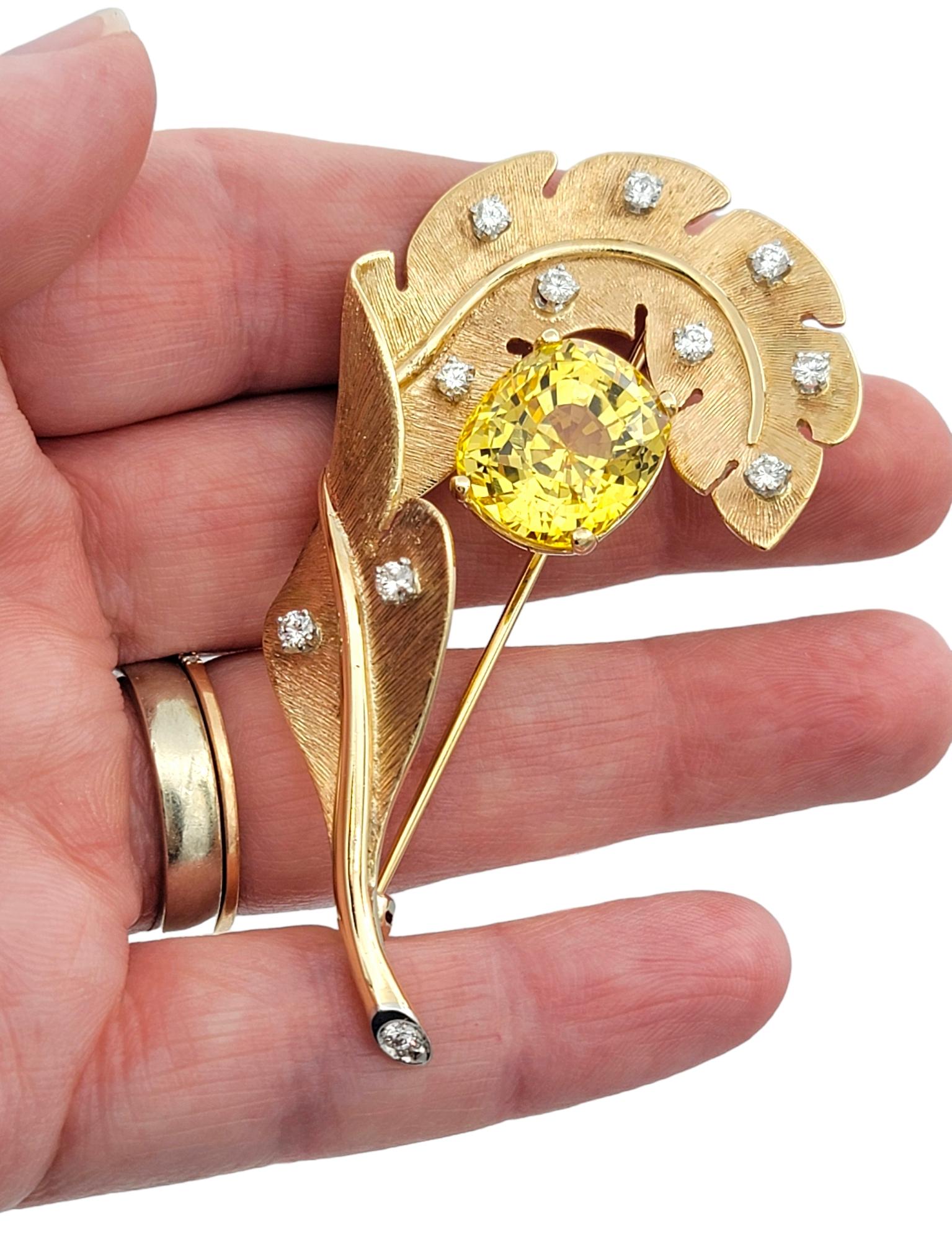 18.80 Carat Yellow Sapphire Feather Brooch with Diamonds in 14 Karat Rose Gold For Sale 1