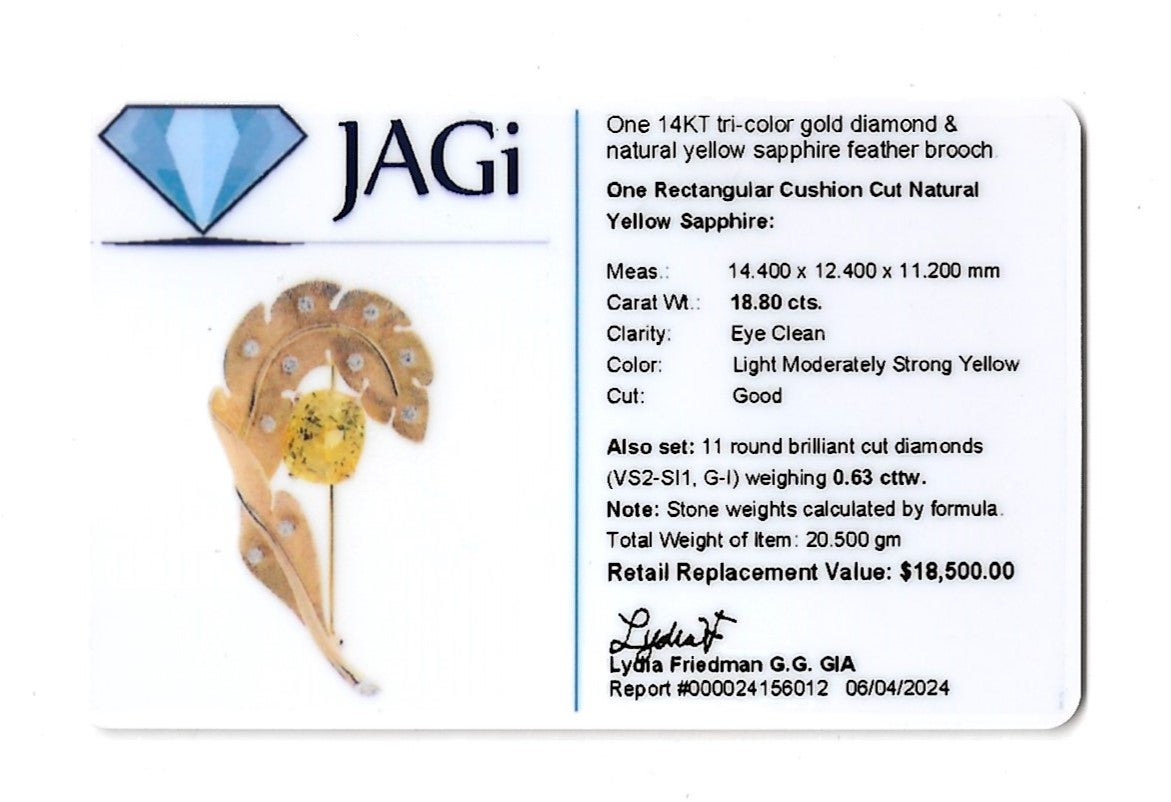 18.80 Carat Yellow Sapphire Feather Brooch with Diamonds in 14 Karat Rose Gold For Sale 2