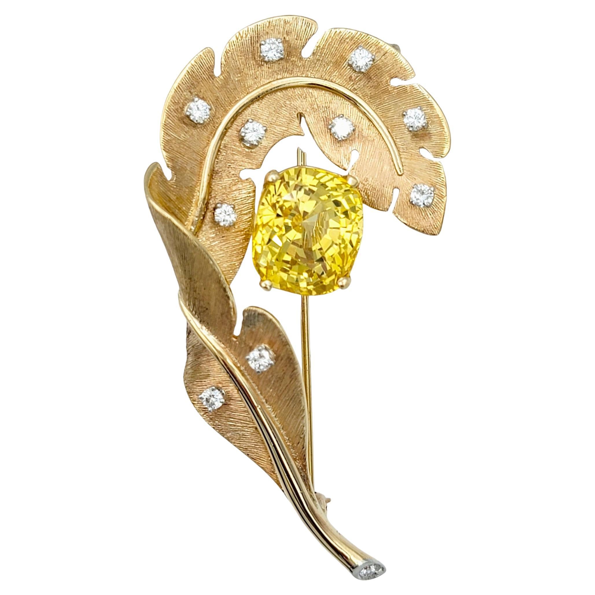18.80 Carat Yellow Sapphire Feather Brooch with Diamonds in 14 Karat Rose Gold