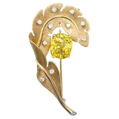 18.80 Carat Yellow Sapphire Feather Brooch with Diamonds in 14 Karat Rose Gold