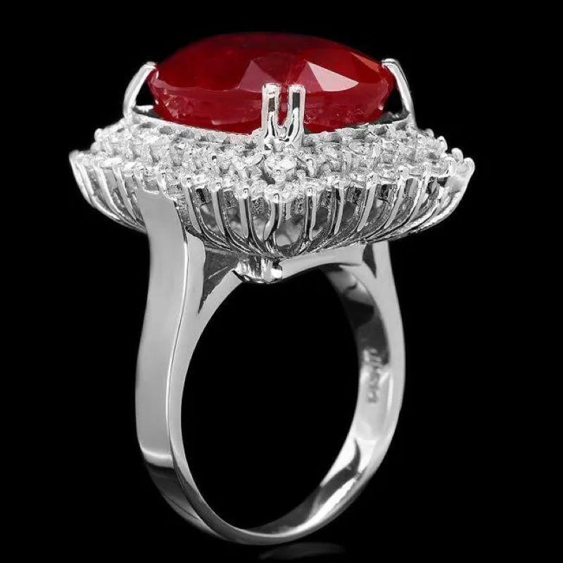 18.80 Carats Natural Red Ruby and Diamond 14K Solid White Gold Ring

Total Natural Red Ruby Weight is: Approx. 17.40 Carat

Ruby Measures: Approx. 16.00 x 13.00mm

Ruby treatment: Fracture Filling

Natural Round Diamonds Weight: Approx. 1.40 Carats