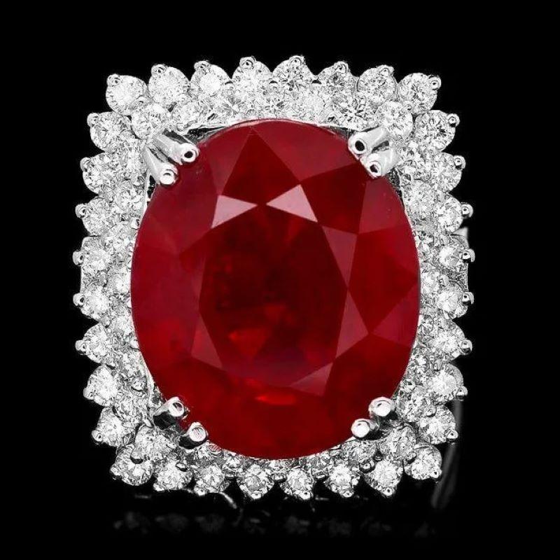 Mixed Cut 18.80 Carats Natural Red Ruby and Diamond 14K Solid White Gold Ring For Sale