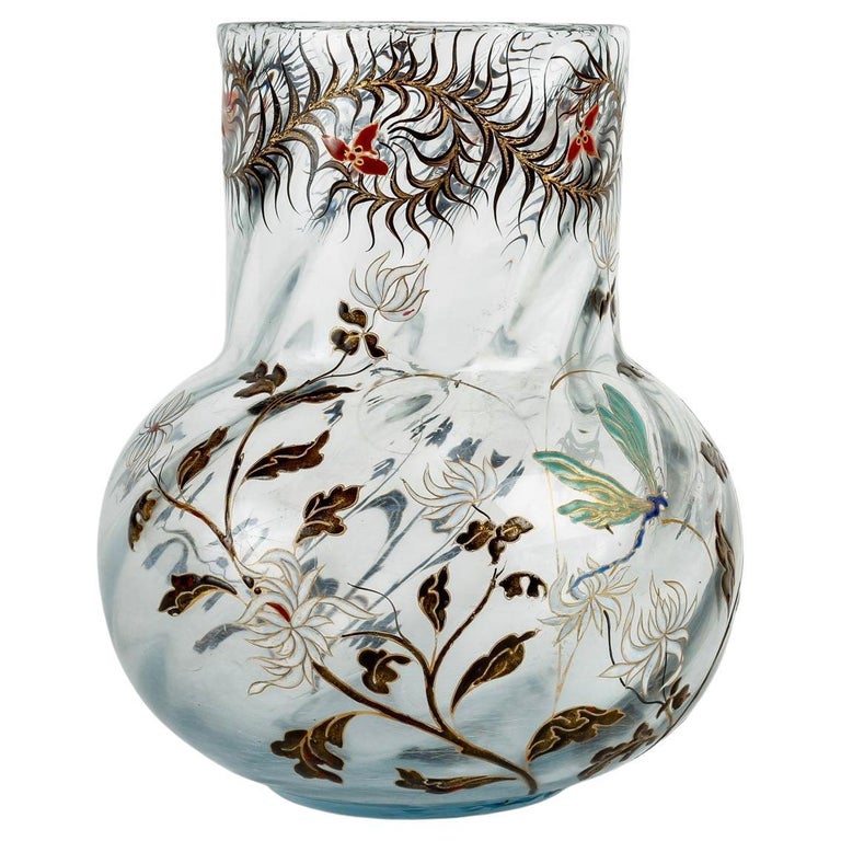 1880 Emile Gallé Cristallerie Enamel Light Blue Glass Vase Flowers Dragonfly  En vente sur 1stDibs