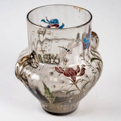 1880 Emile Gallé Cristallerie, Handled Enamel Grey Glass Vase, Irises Dragonfly