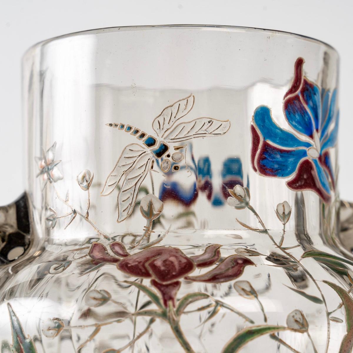 Art Nouveau 1880 Emile Gallé Cristallerie, Handled Enamel Grey Glass Vase, Irises Dragonfly