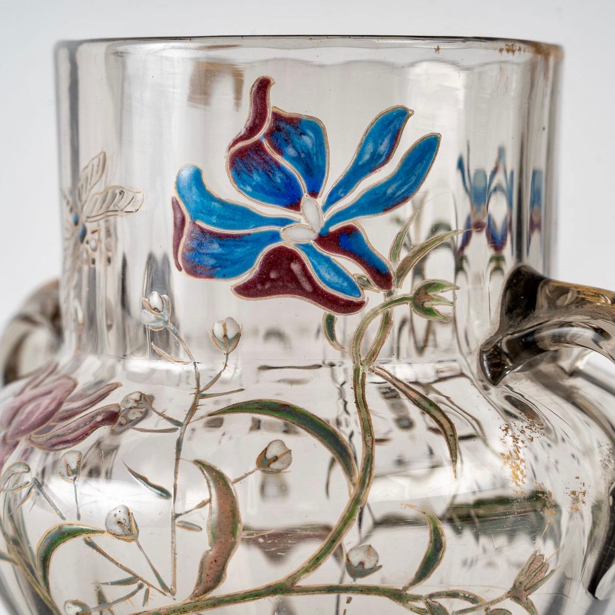 French 1880 Emile Gallé Cristallerie, Handled Enamel Grey Glass Vase, Irises Dragonfly