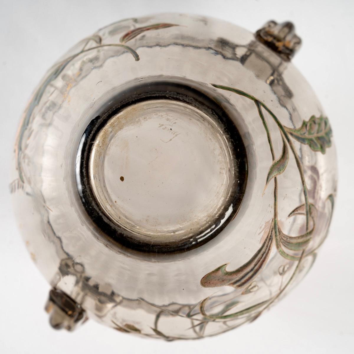 Molded 1880 Emile Gallé Cristallerie, Handled Enamel Grey Glass Vase, Irises Dragonfly