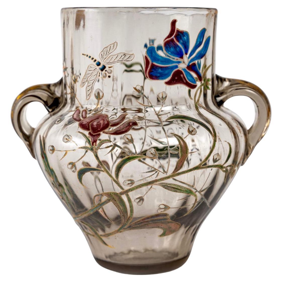 1880 Emile Gallé Cristallerie, Handled Enamel Grey Glass Vase, Irises Dragonfly