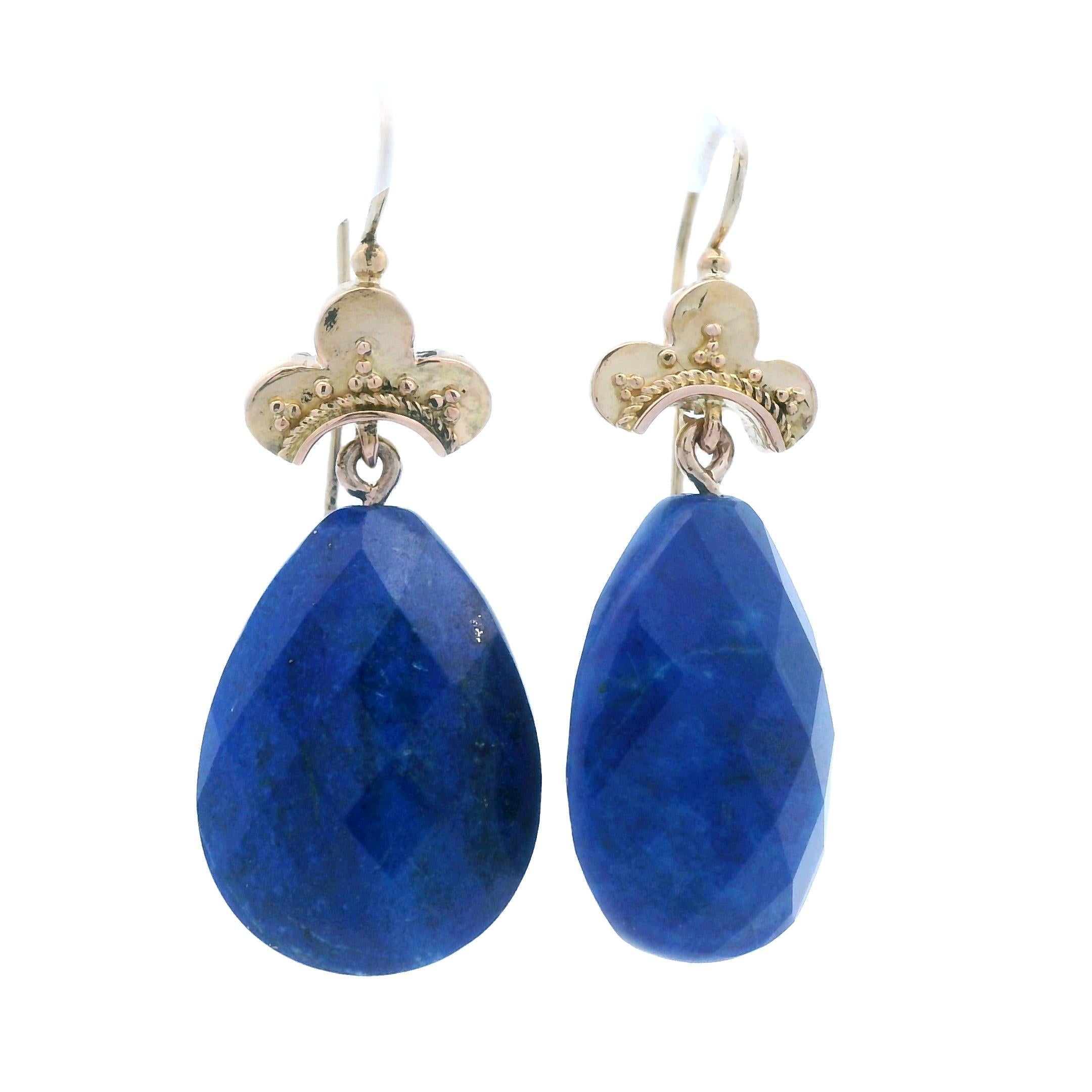 1880 Etruscan 18k Yellow Gold Lapis Lazuli Drop Earrings 2
