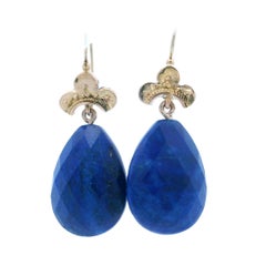 Antique 1880 Etruscan 18k Yellow Gold Lapis Lazuli Drop Earrings