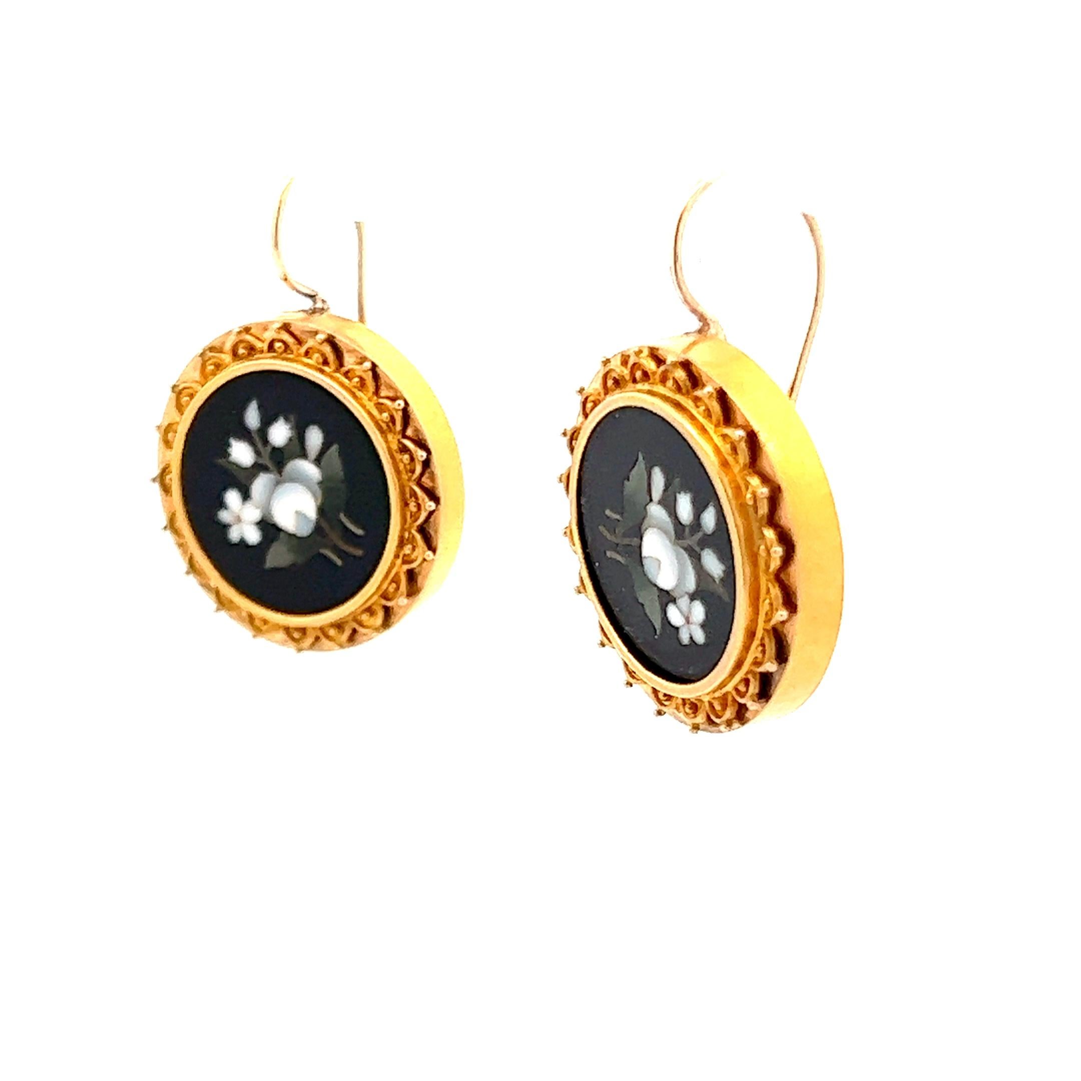 1880 Etruscan 18K Yellow Gold  Shepherds Hook Pietra Dura Earrings  In Excellent Condition In Lexington, KY